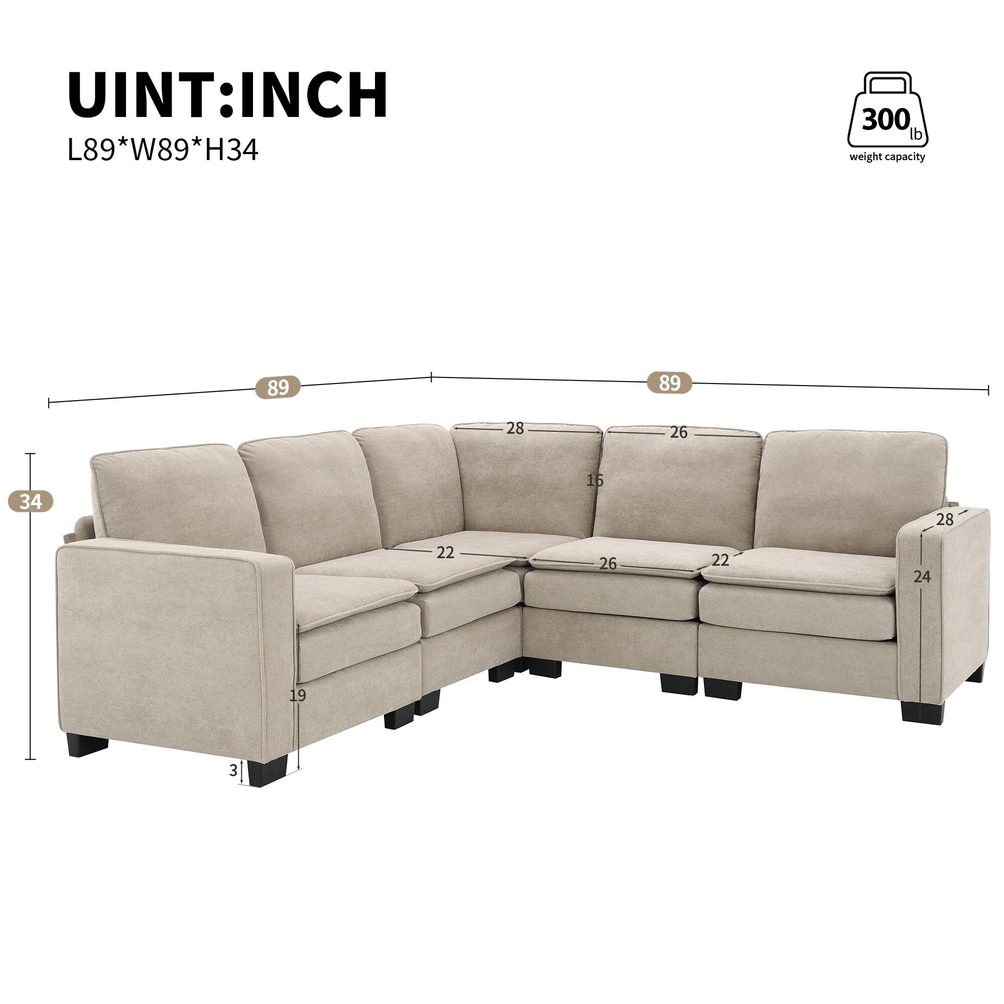 Beige 89 Velvet L-Shaped Oversized 5-Seater Sectional Sofa with Double Cushions for Corner Seating