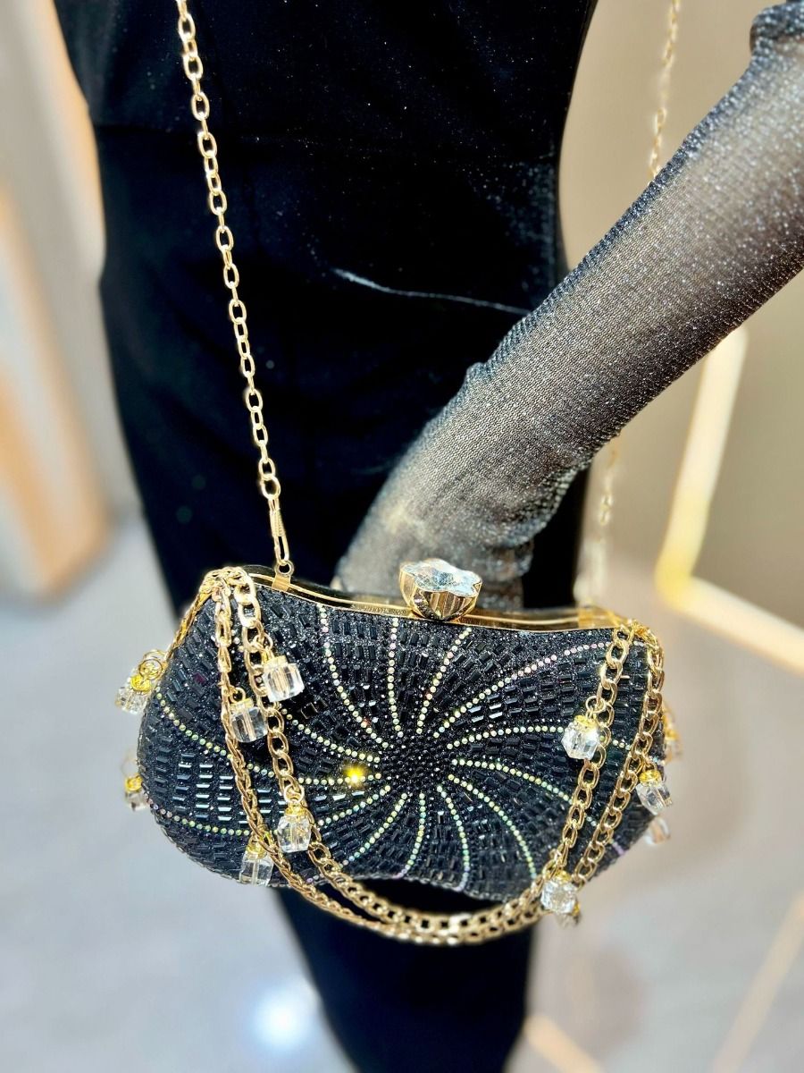 PEACH ACCESSORIES Crystal Clutch Bag with Beaded Chain Strap