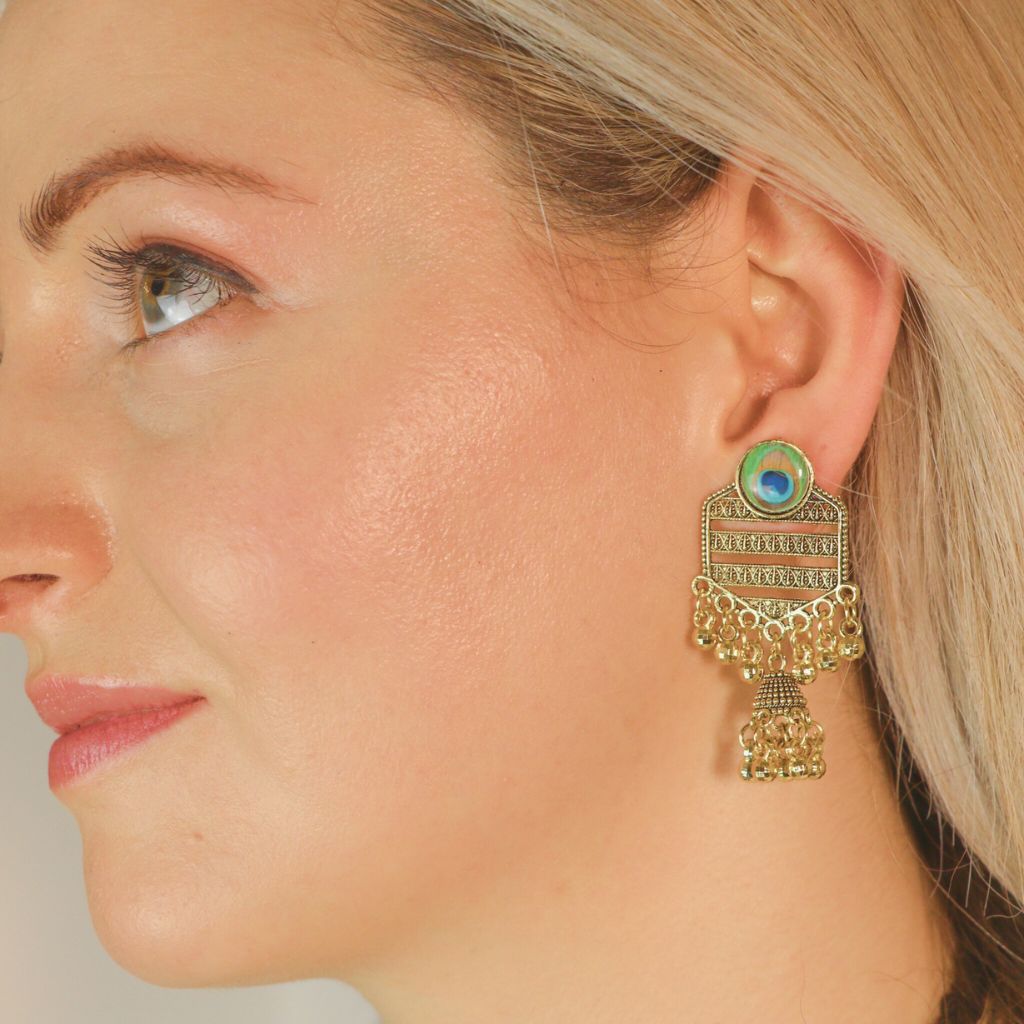 The Colourful Aura Peacock Indian Boho Oxidised Drop Ethnic Dome Asian Jhumka Earring