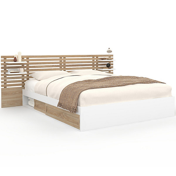 Lit double SAVANA avec tête de lit, chevets, rangements et sommier 160 x 200 cm façon hêtre et blanc