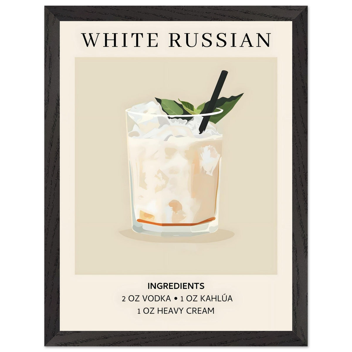 Artfulprints Poster met Lijst White Russian cocktail - Ingrediënten  - 30x40 cm - Wit