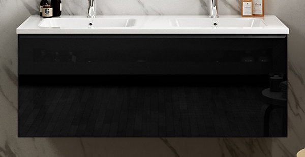 Meuble vasque suspendu noir mat et verre fumé l.120 cm   plan double vasque blanc mat résine, Pura