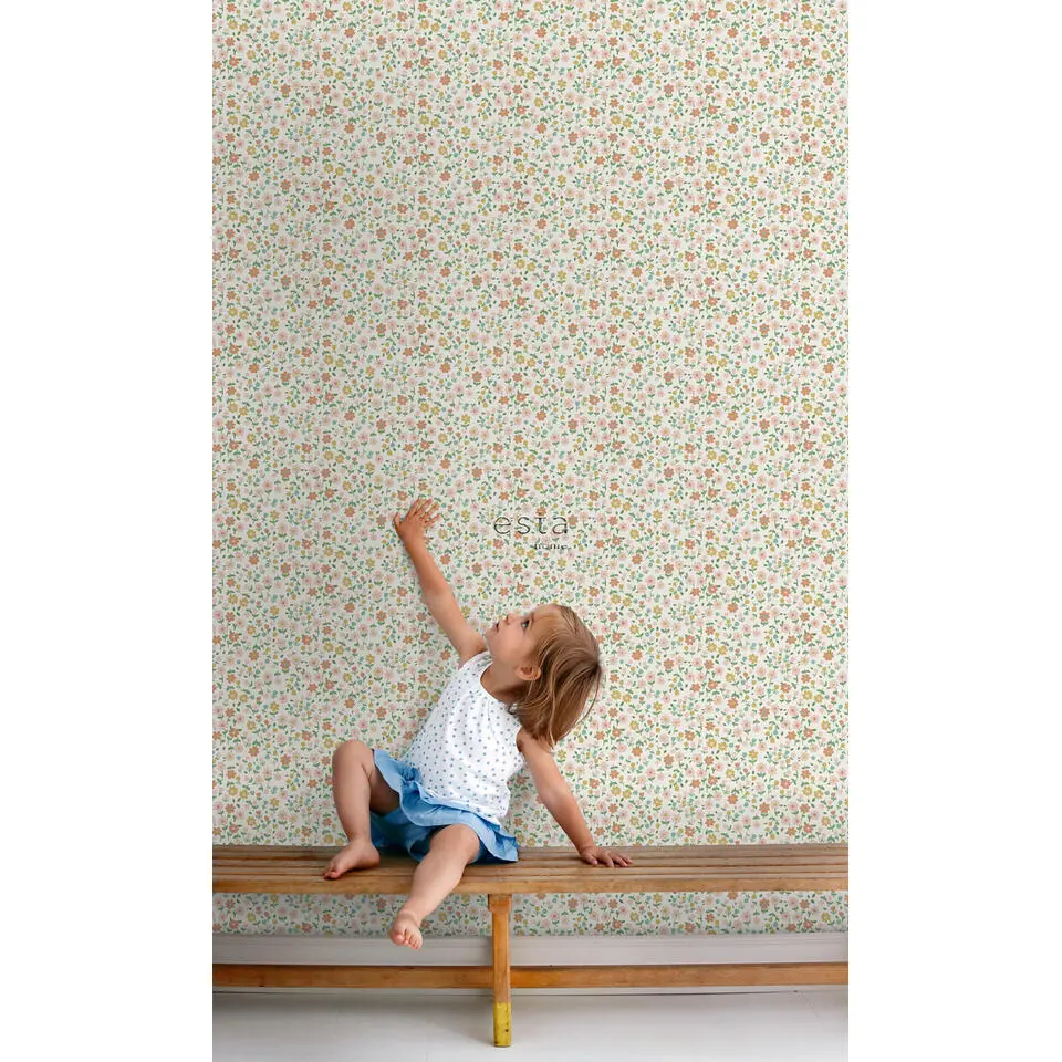 ESTAhome behang bloemetjes okergeel, zacht roze en terracotta - 53 cm x 10.05 m