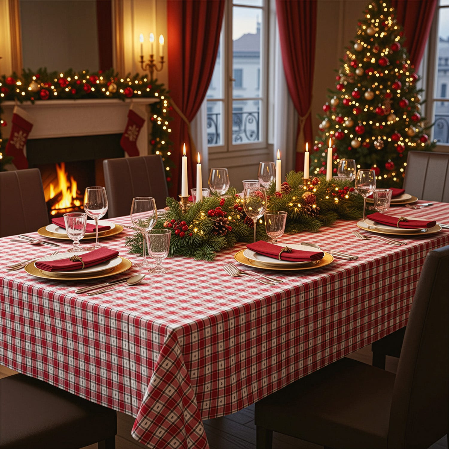 Tovaglia 140x180 cm tartan e alberi Natale