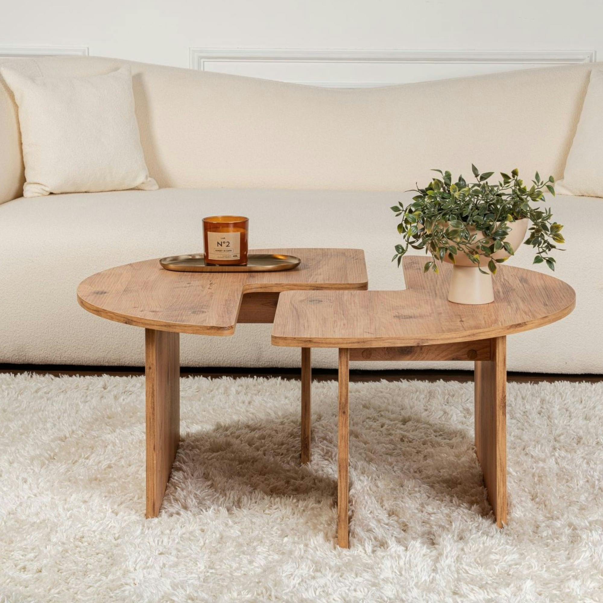 Table basse ronde effet bois de pin – design puzzle MARFA