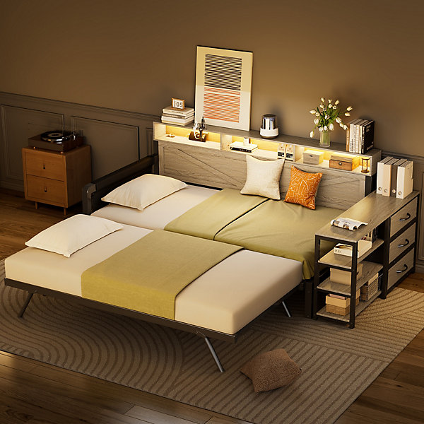 Canapé-lit en métal 90x200cm - Avec lit gigogne - 3 tiroirs et 3 étagères - LED et port USB - Noir (sans matelas)