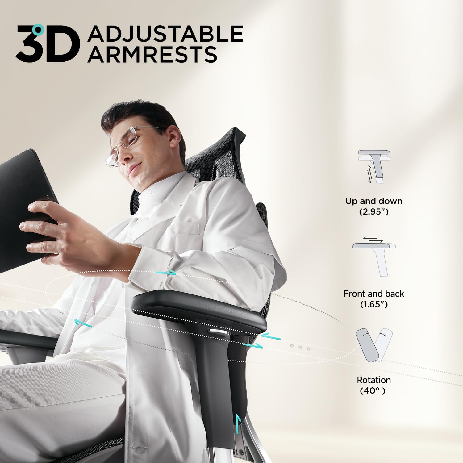 Hbada E3 Air Ergonomic Office Chair, Big and Tall Office Chair - with 3-Zone Dynamic Lumbar Support, 3D Adjustable Headrest, 3D Adjustable Armrests, Swivel Computer Chair, Black(No Footrest)
