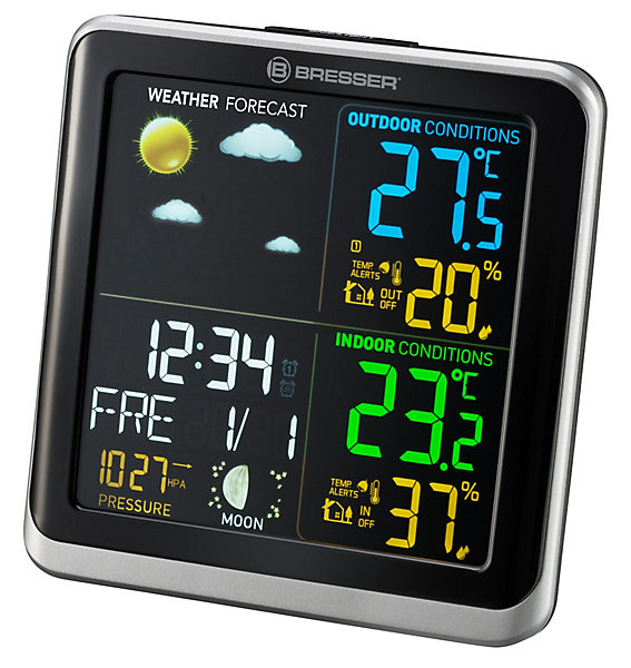 Bresser Station Météo Sans Fil avec Capteur Extérieur écran Couleur Prévisions Température Humidité Réveil Phase Lunaire