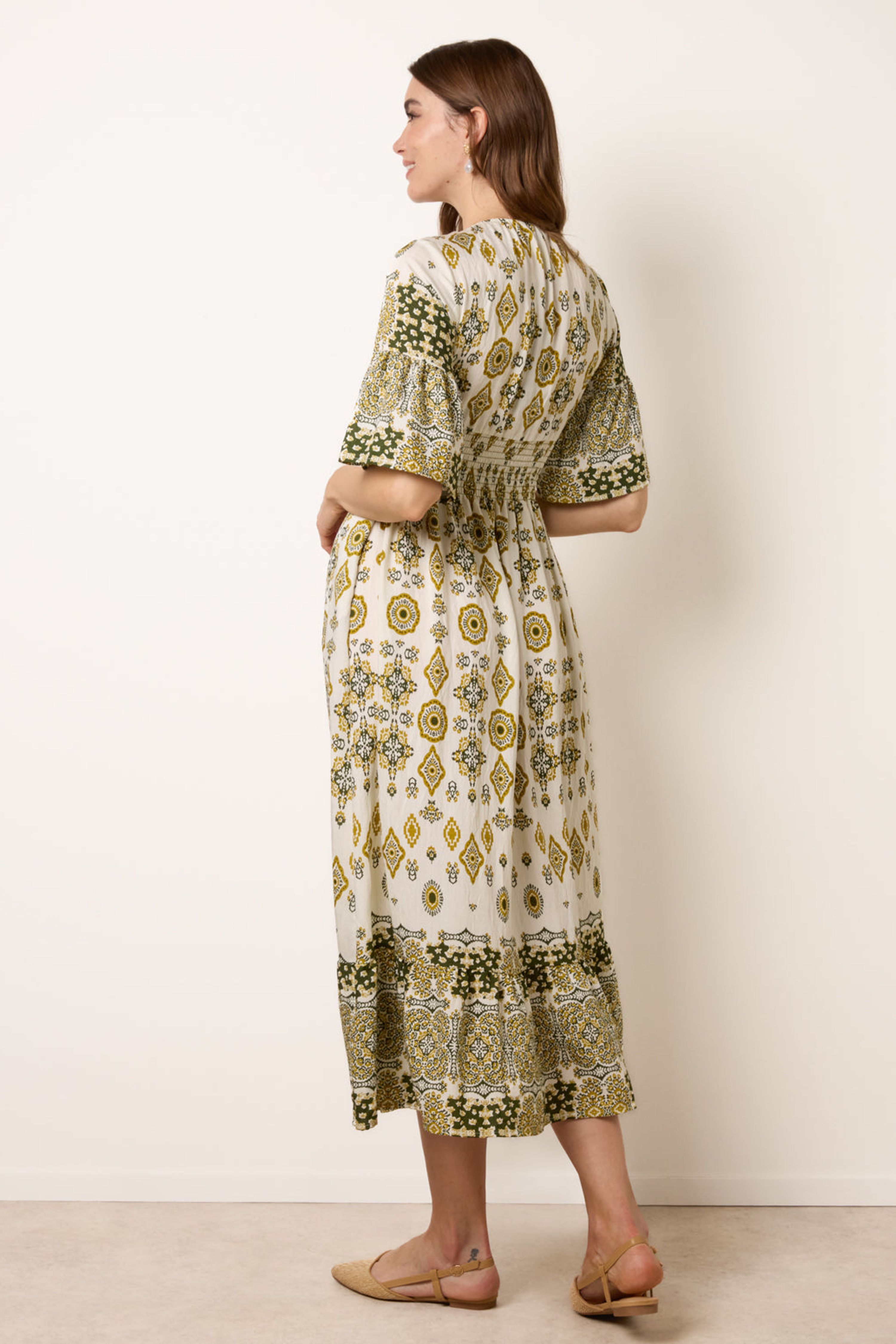 Blue Vanilla Green V Neck Border Print Maxi Dress