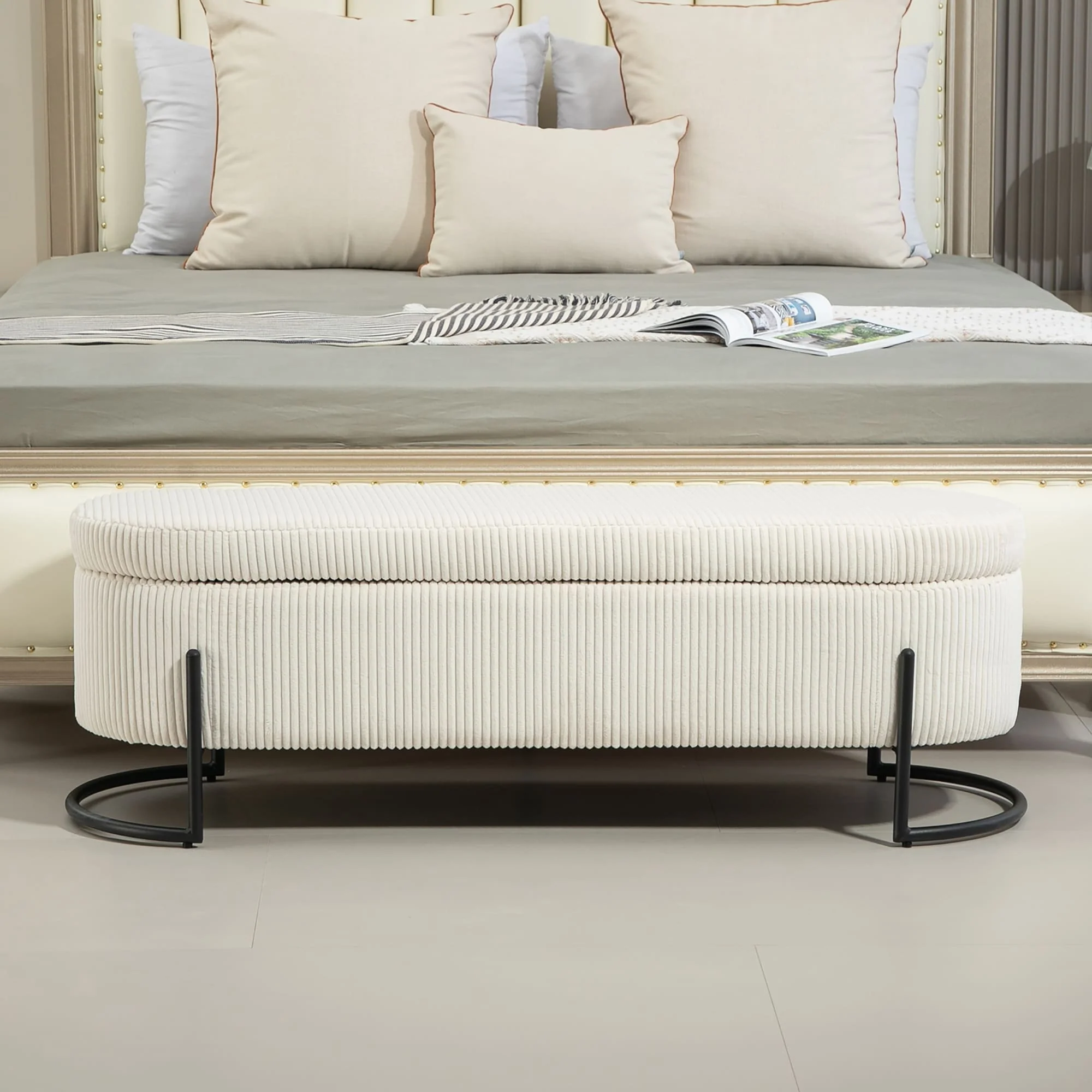 Upholstered Fabric Storage Ottoman with Safety Hinge