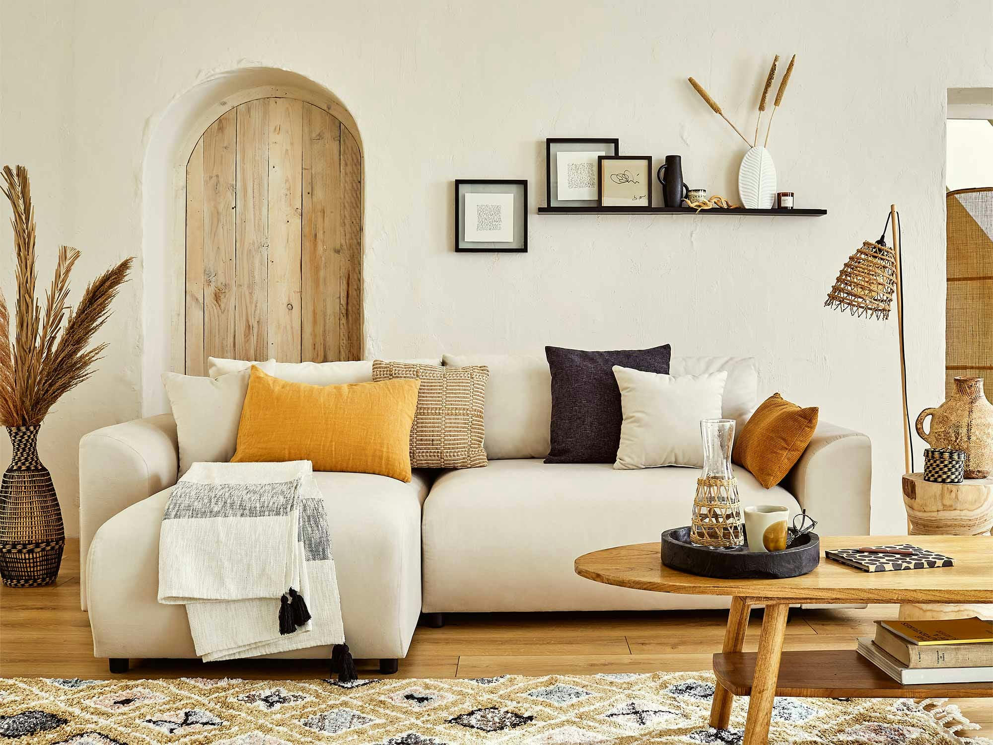 CAMELIA - Canapé d'angle réversible convertible 4 places en velours beige