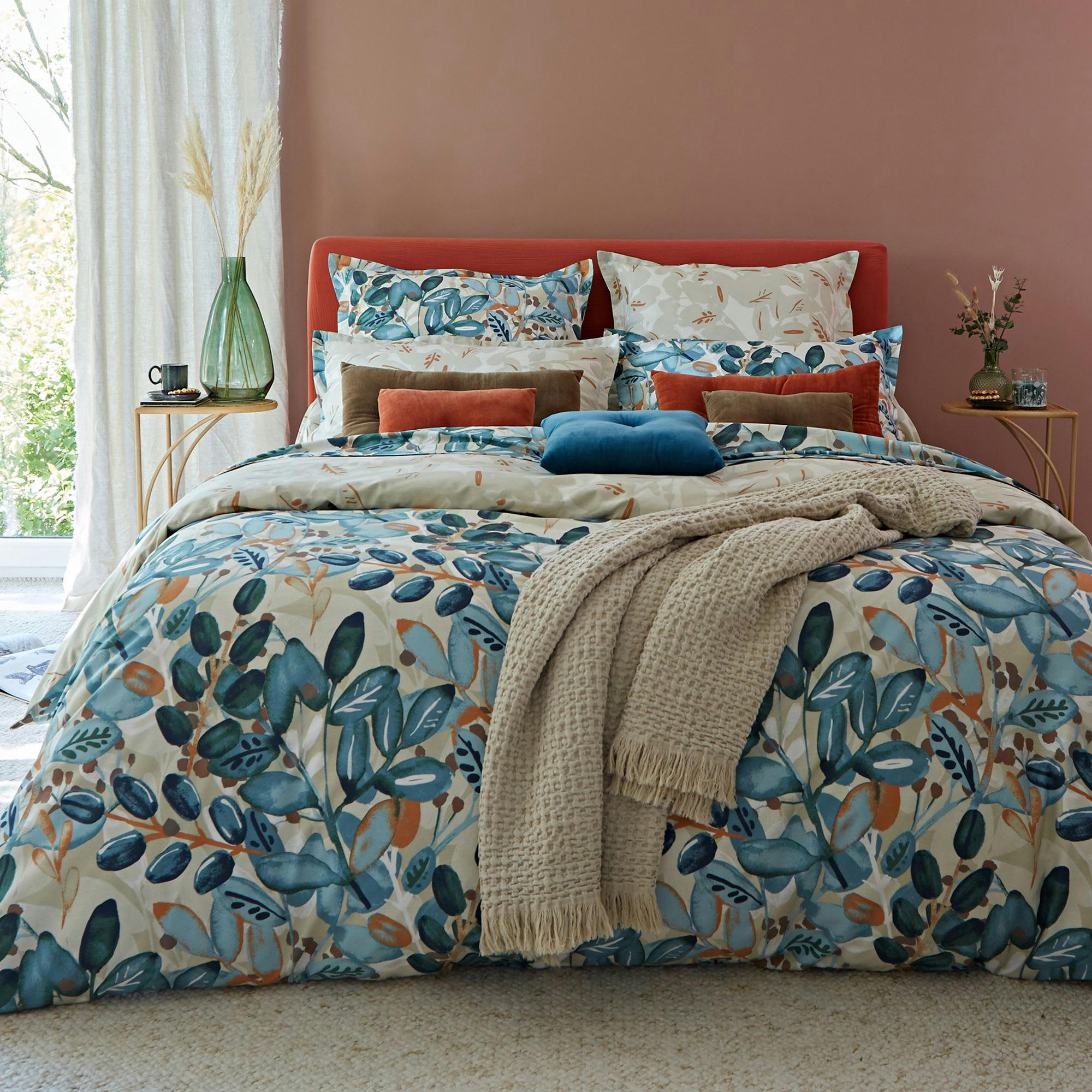 ROSELIERE - Drap-housse 140x190x28 bleu vert en coton