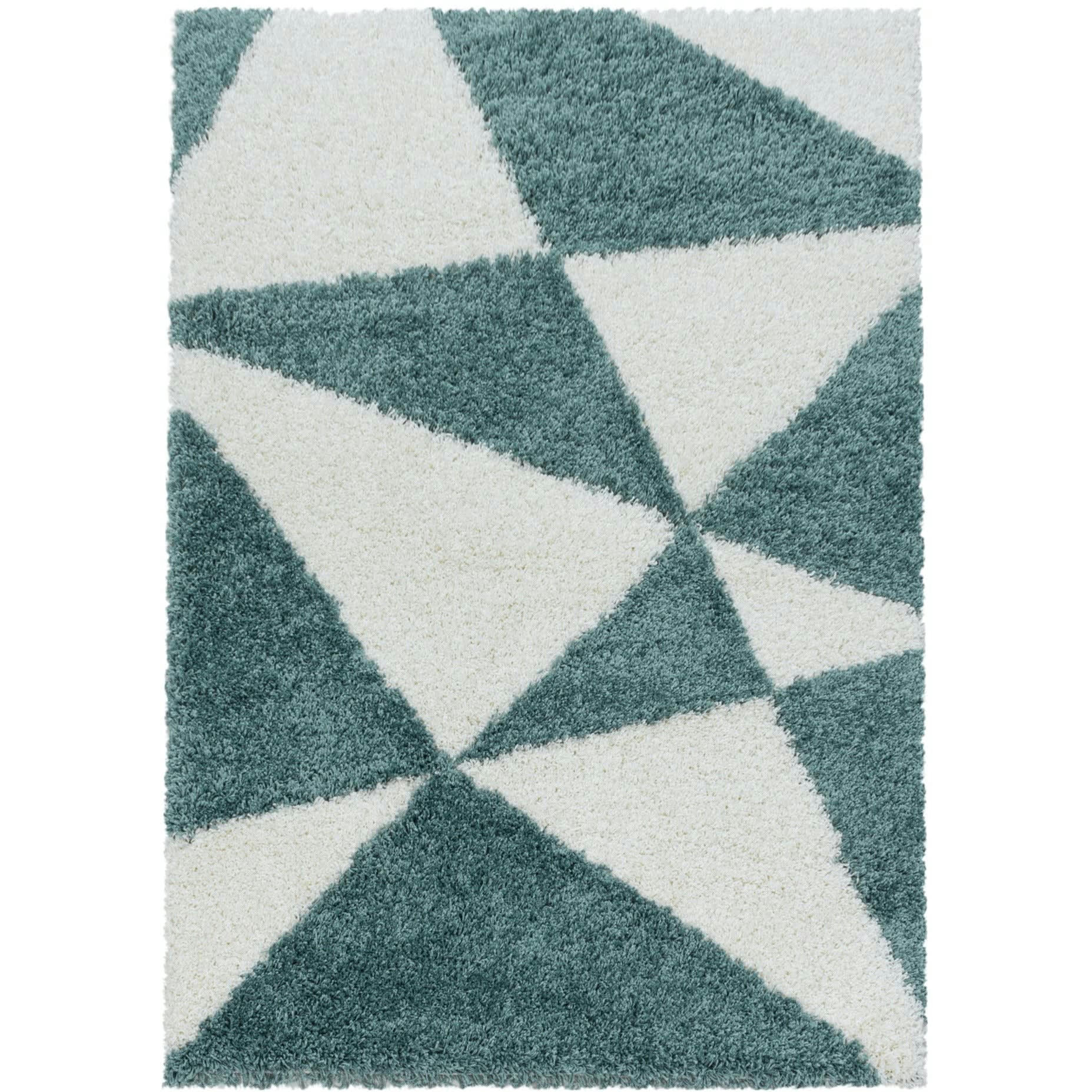 TRIANGLE - Tapis à poils longs géométrique turquoise et blanc 120x170cm