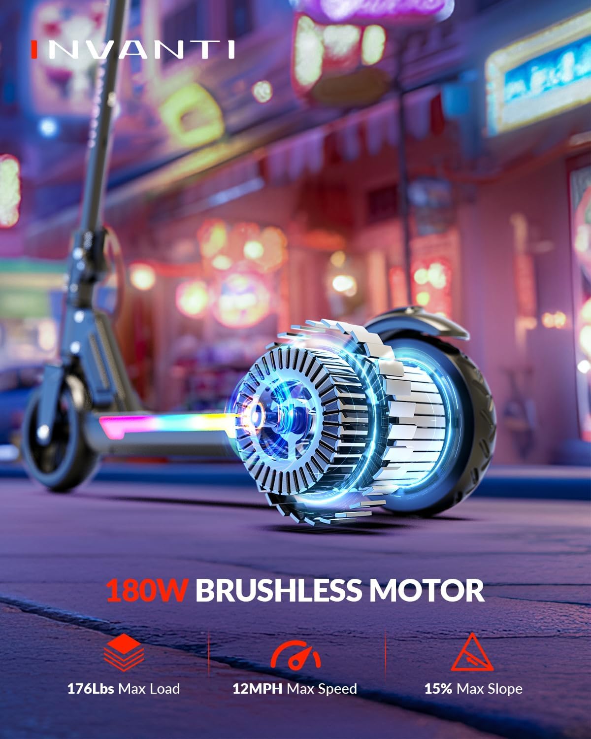 INVANTI KS03 Electric Scooter for Kids Ages 8+, 350W Peak Motor, Max 12mph & 10Miles, 7 Solid Wheel, LED Lights & Display, Double Braking, Kids Electric Scooter with 3 Adjustable Speeds & Heights