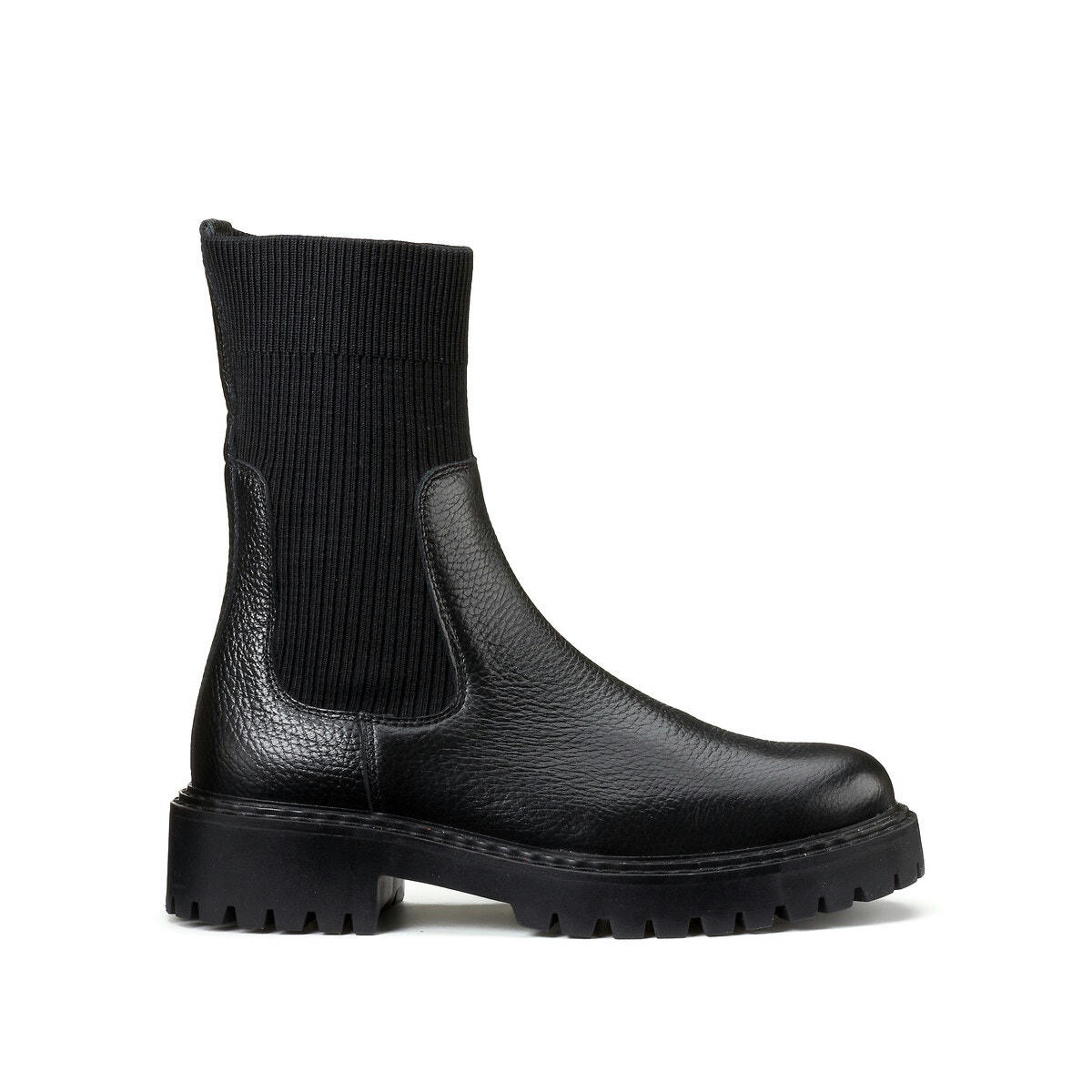 Boots chaussette en cuir, semelle crantée
