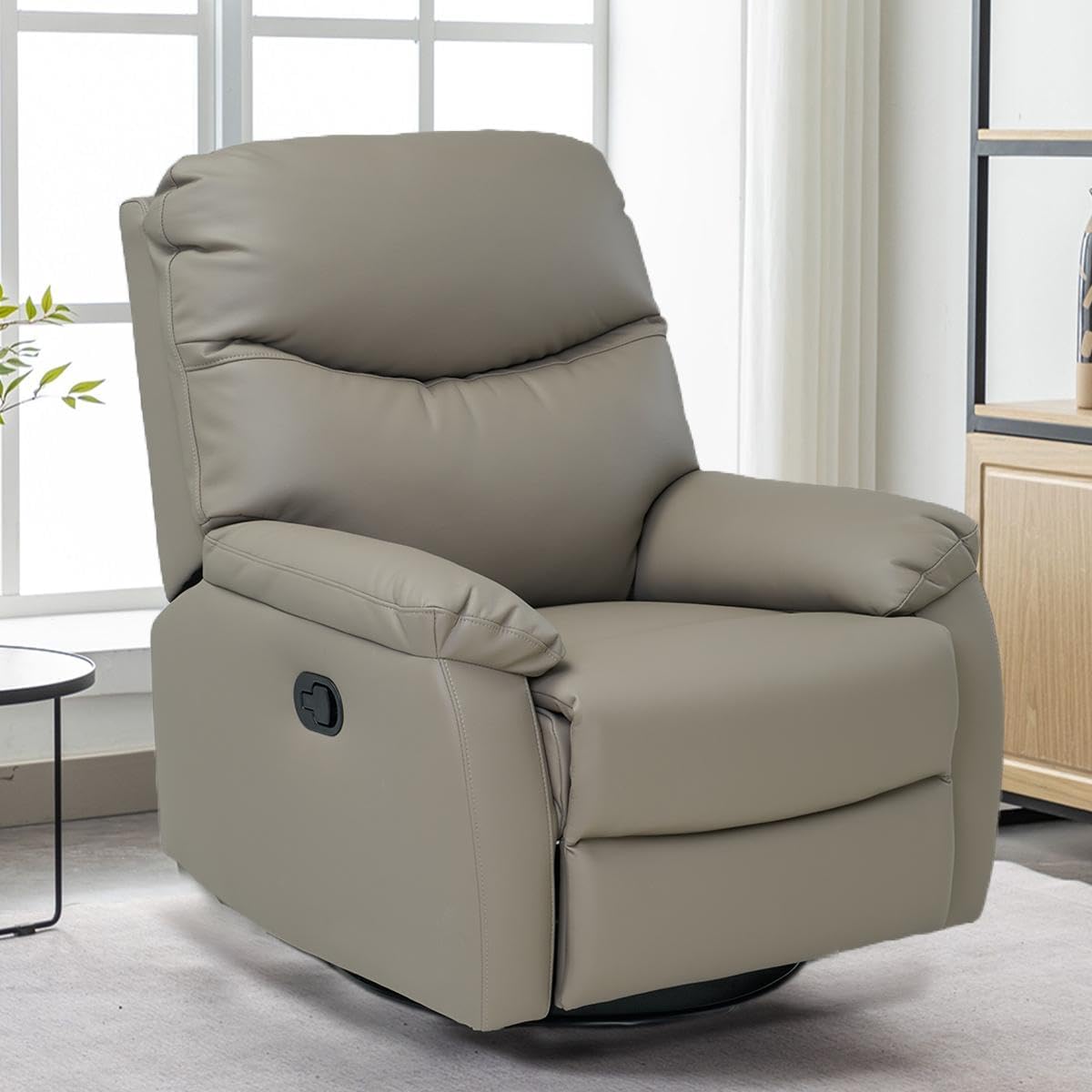 Recliner Sofa Rocking Chair Swivel Manual Adjustable 360 Degree Spinning with Ergonomics Lumbar Support Natural Leather for Home Theater Seating Living Room, Bedroom, Nursery, Grey