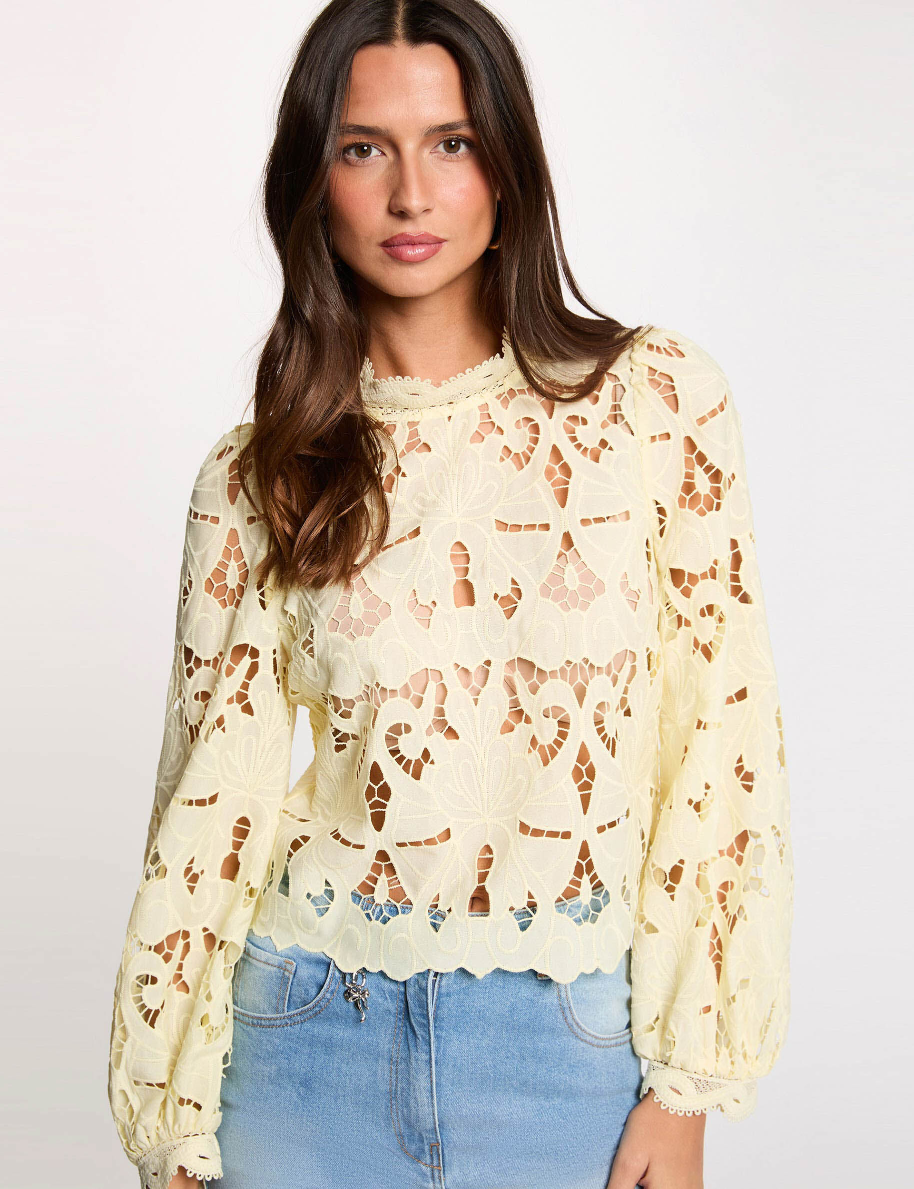 Embroidered Blouse With High Neck Pastel Yellow Women
