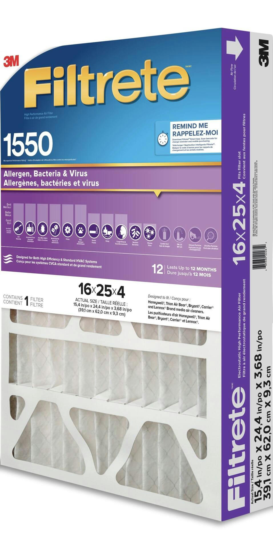 3M Filtrete Micro 1550MPR Filter, 16 x 25 x 4-in