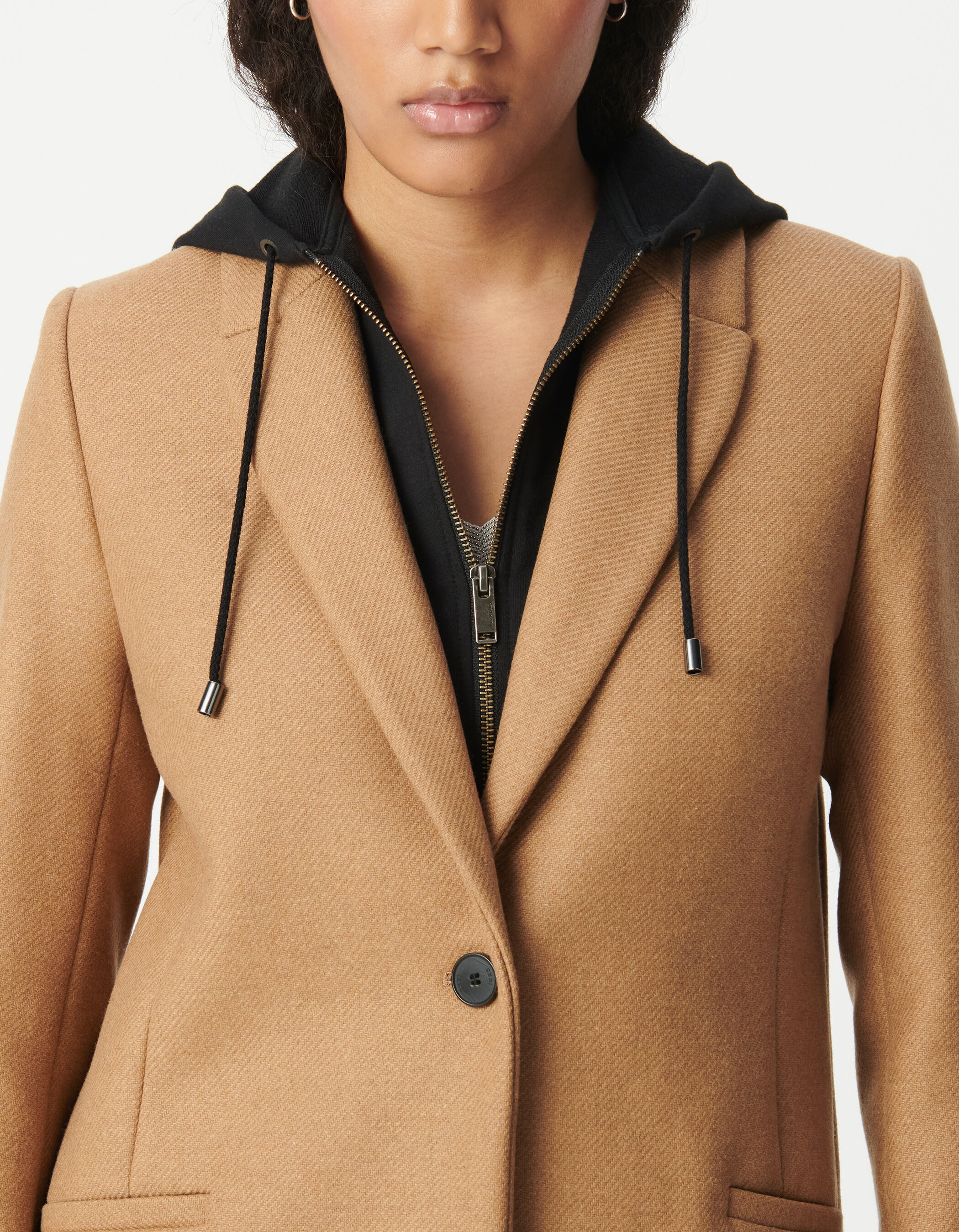 Manteau mi-long camel capuche amovible Femme