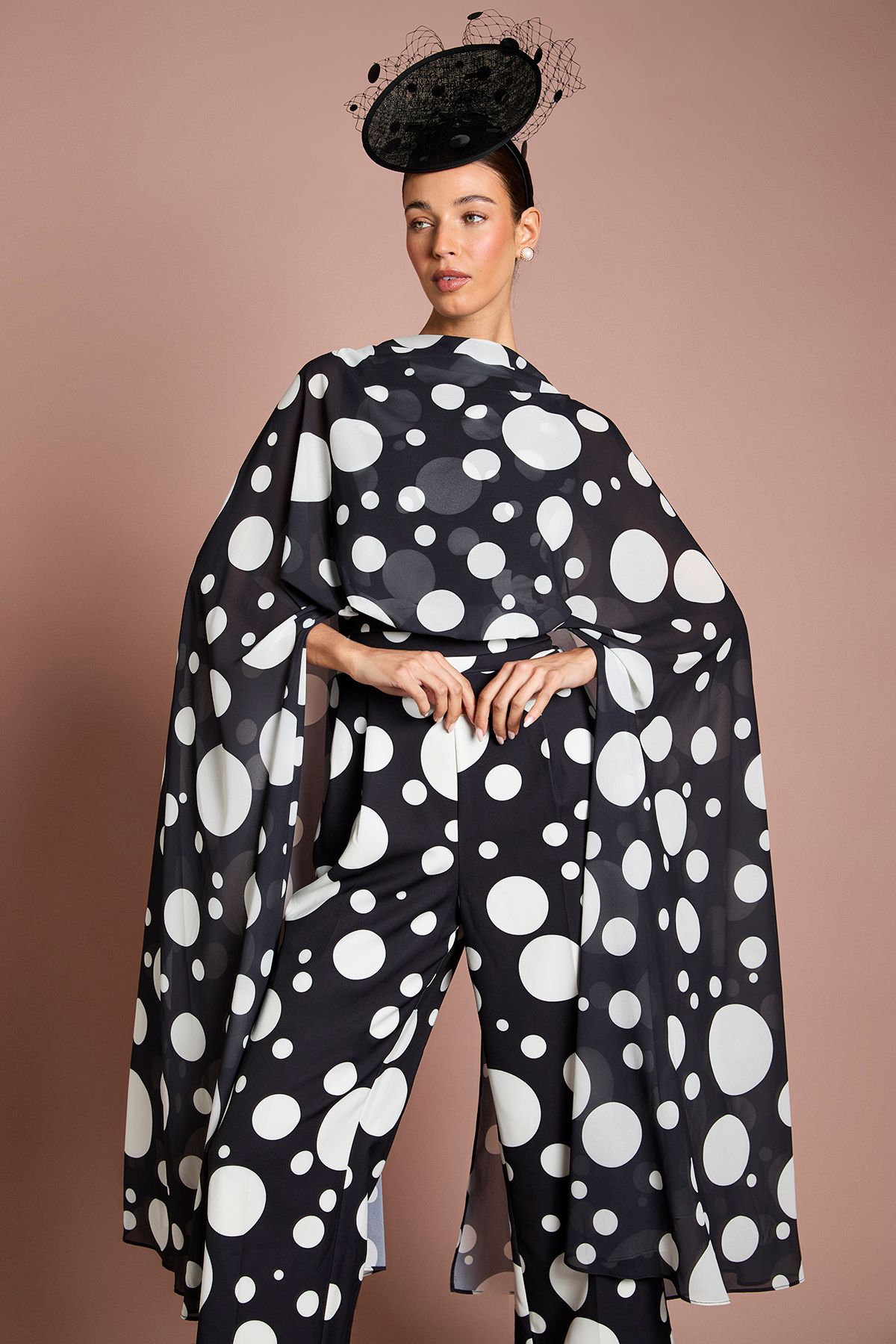 Coast Lisa Tan Printed Cape Sleeve Side Leg Jumpsuit