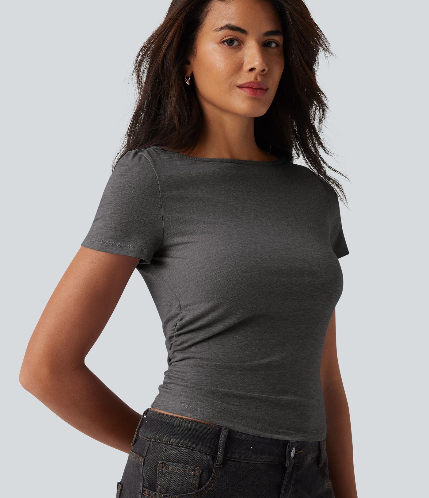 T-shirt décontracté col bateau manches courtes froncé