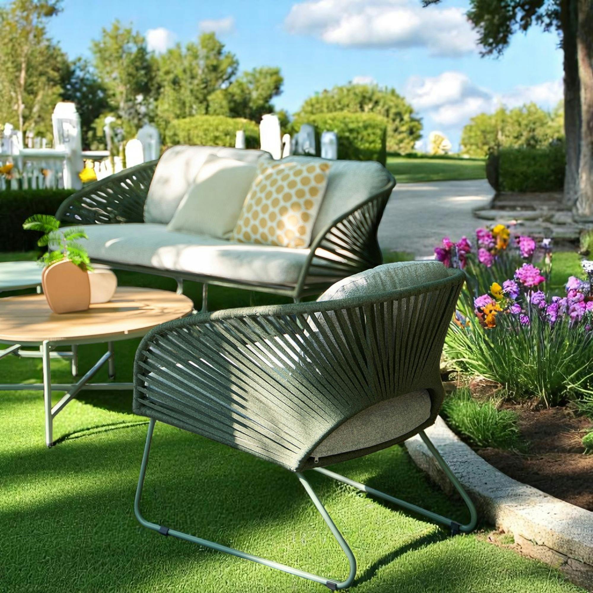 Salon de jardin 4 places avec tables basses, couleur verte MENDOZA