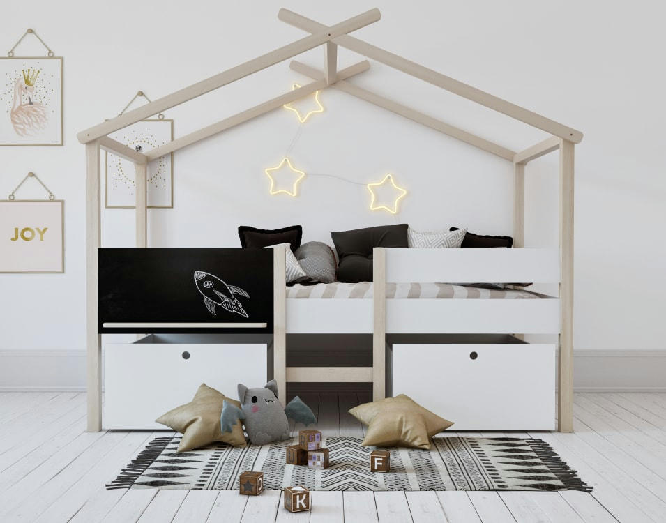 ALTO - Lit enfant cabane  blanc   effet bois    90x200