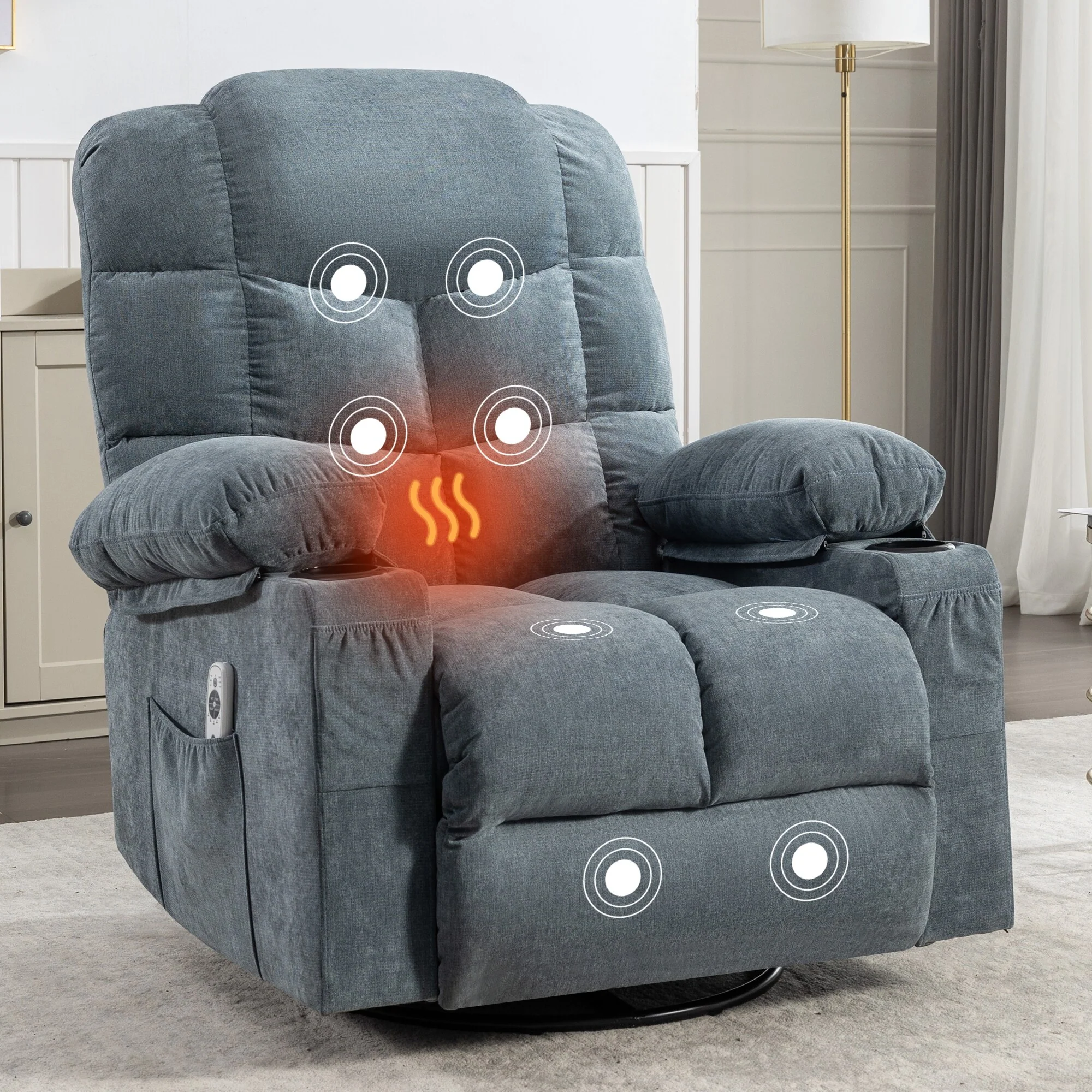 Grey Oversized Rocker Recliner with Heat & USB Charging