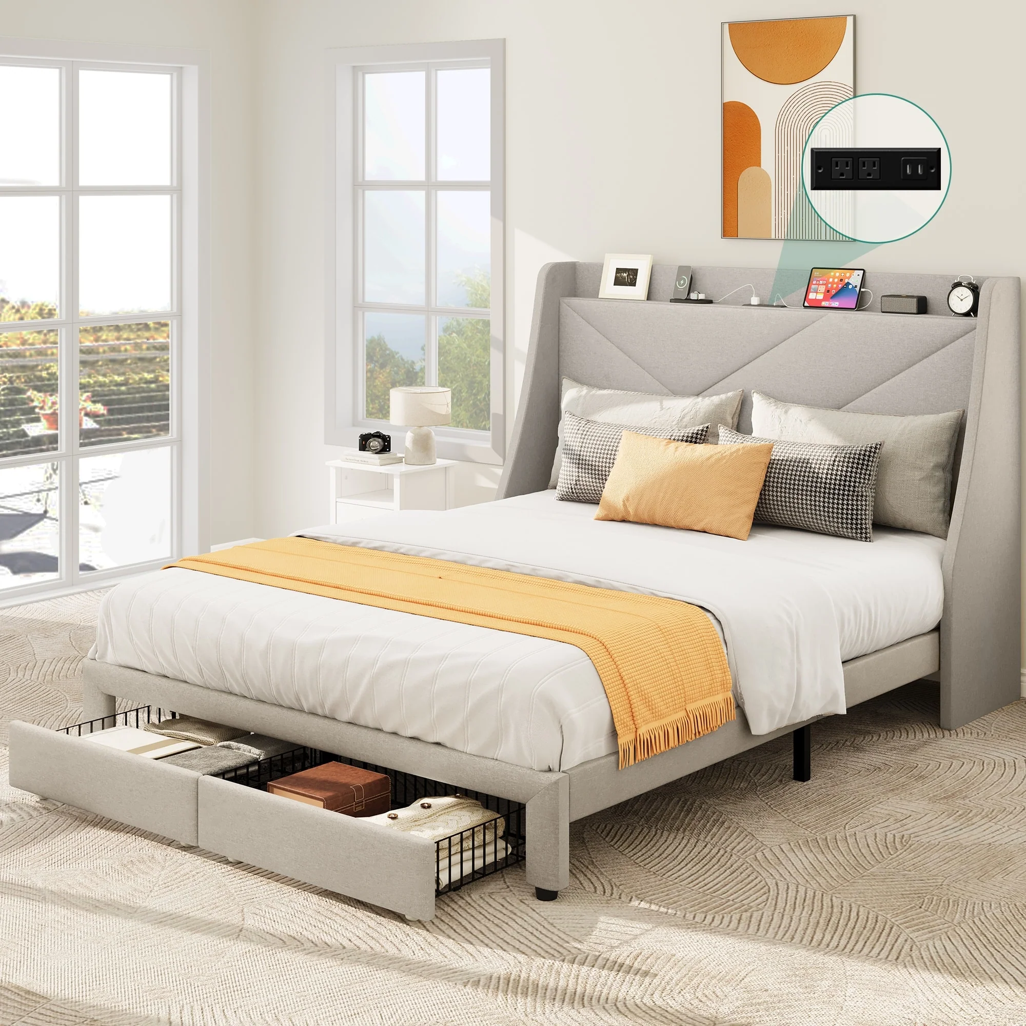 Queen Wingback Bed Frame with Drawer and USB Charging