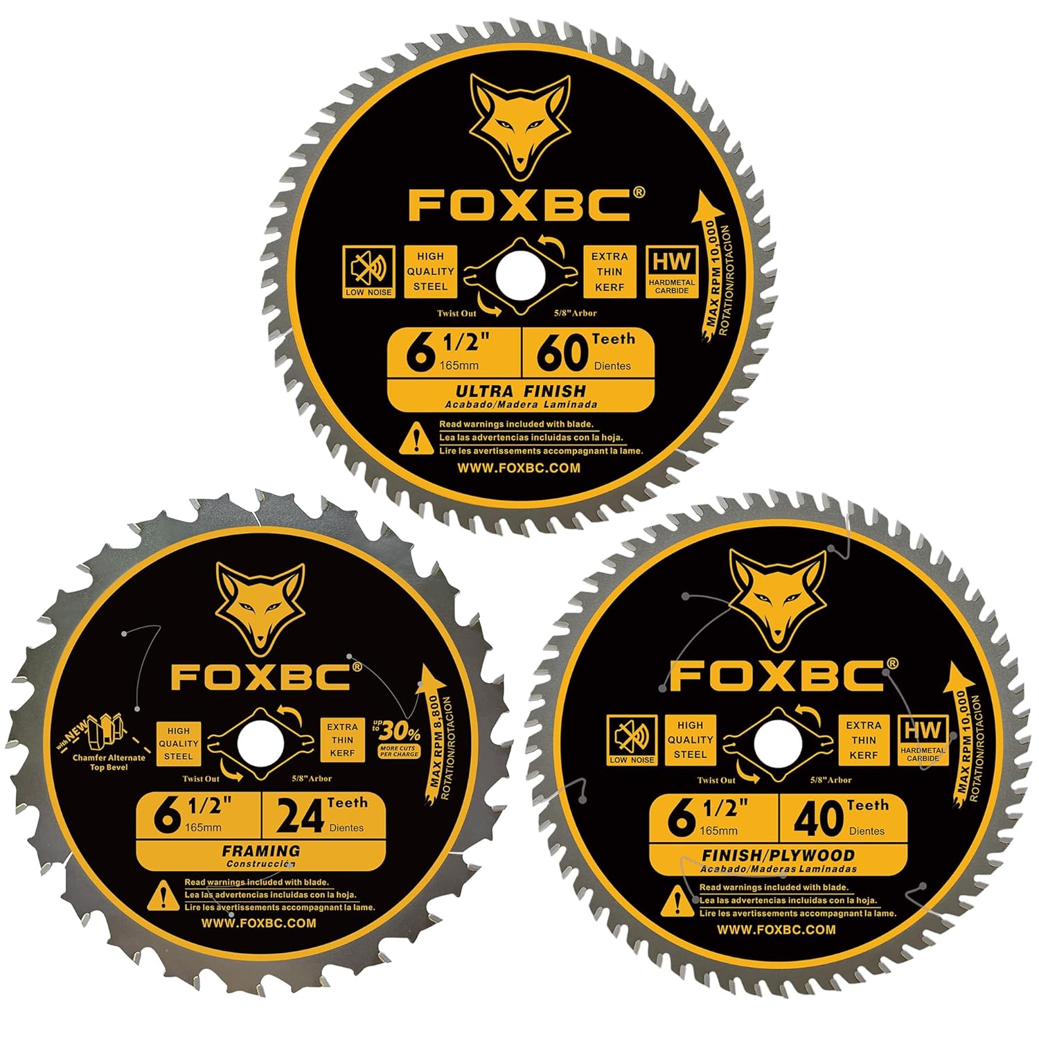FOXBC 6-1/2 inch Circular Saw Blade 24T 40T 60T Combo Pack, Ultra Fine Finish for Wood Cutting, Thin-Kerf with 5/8 Arbor