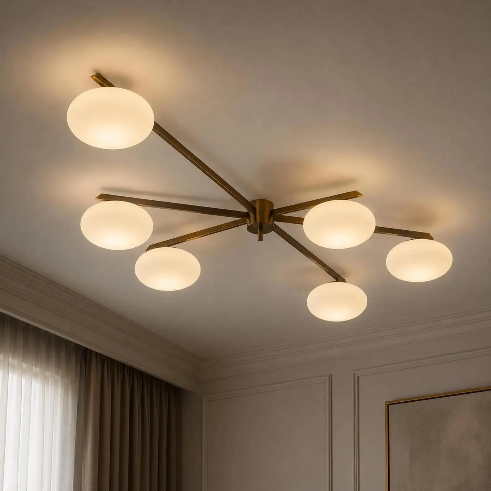Mid Century Modern Brass Globe Chandelier | Lelli Style 6 Light Flush Mount | Statement Lighting