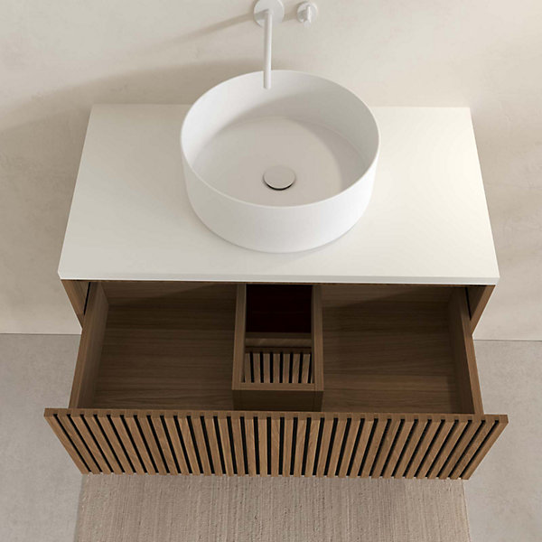 Meuble Salle de Bains 80 2 Tiroirs Décor Chêne et Noir - Vasque et Plan Blancs - Miroir LED 70