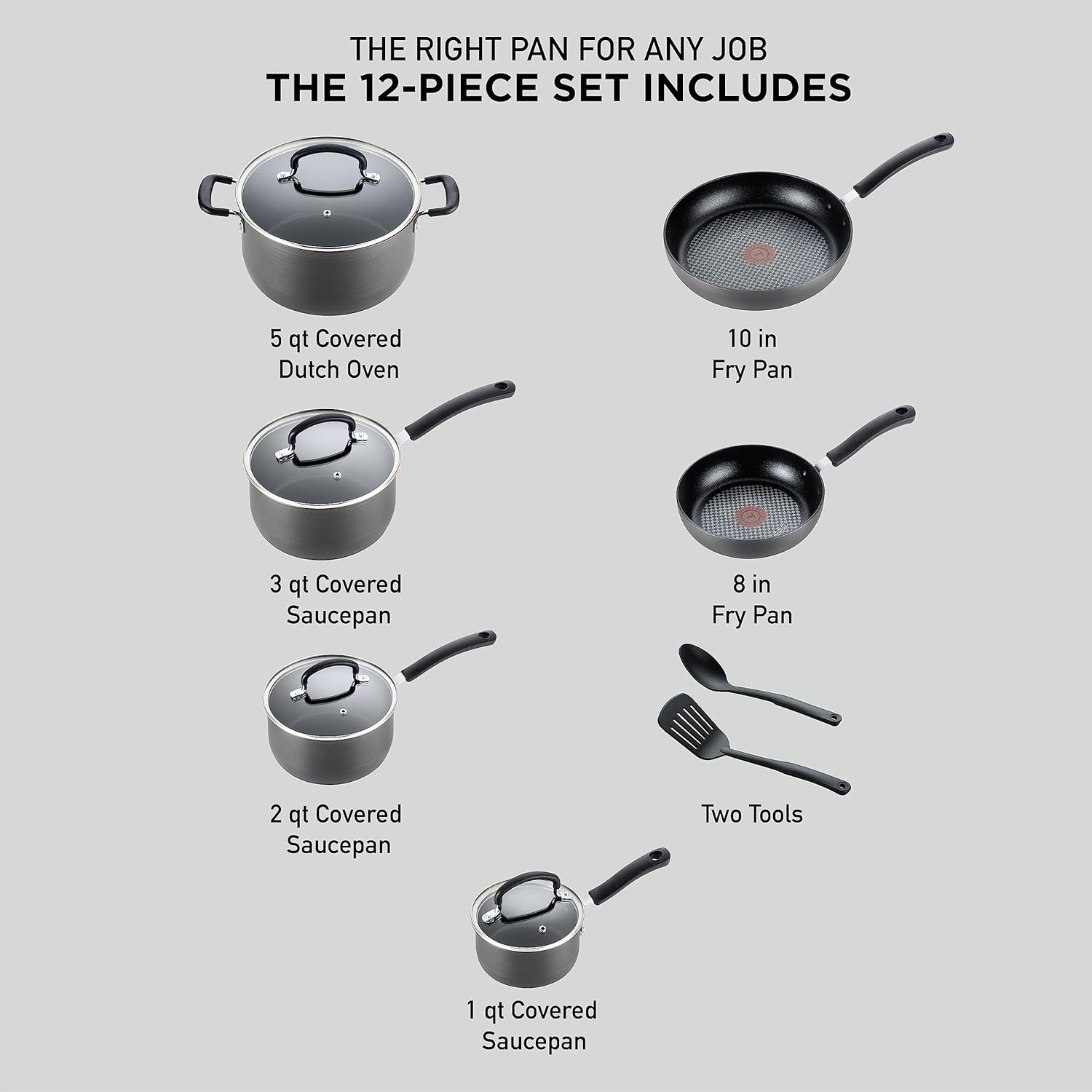T-fal Ultimate Hard Anodized Nonstick Cookware Set 12 Piece, Oven Broiler Safe 400F, Lid Safe 350F, Kitchen Cooking Set w/Fry Pans, Saucepans, Dutch Oven, Pots and Pans, Dishwasher Safe, Onyx