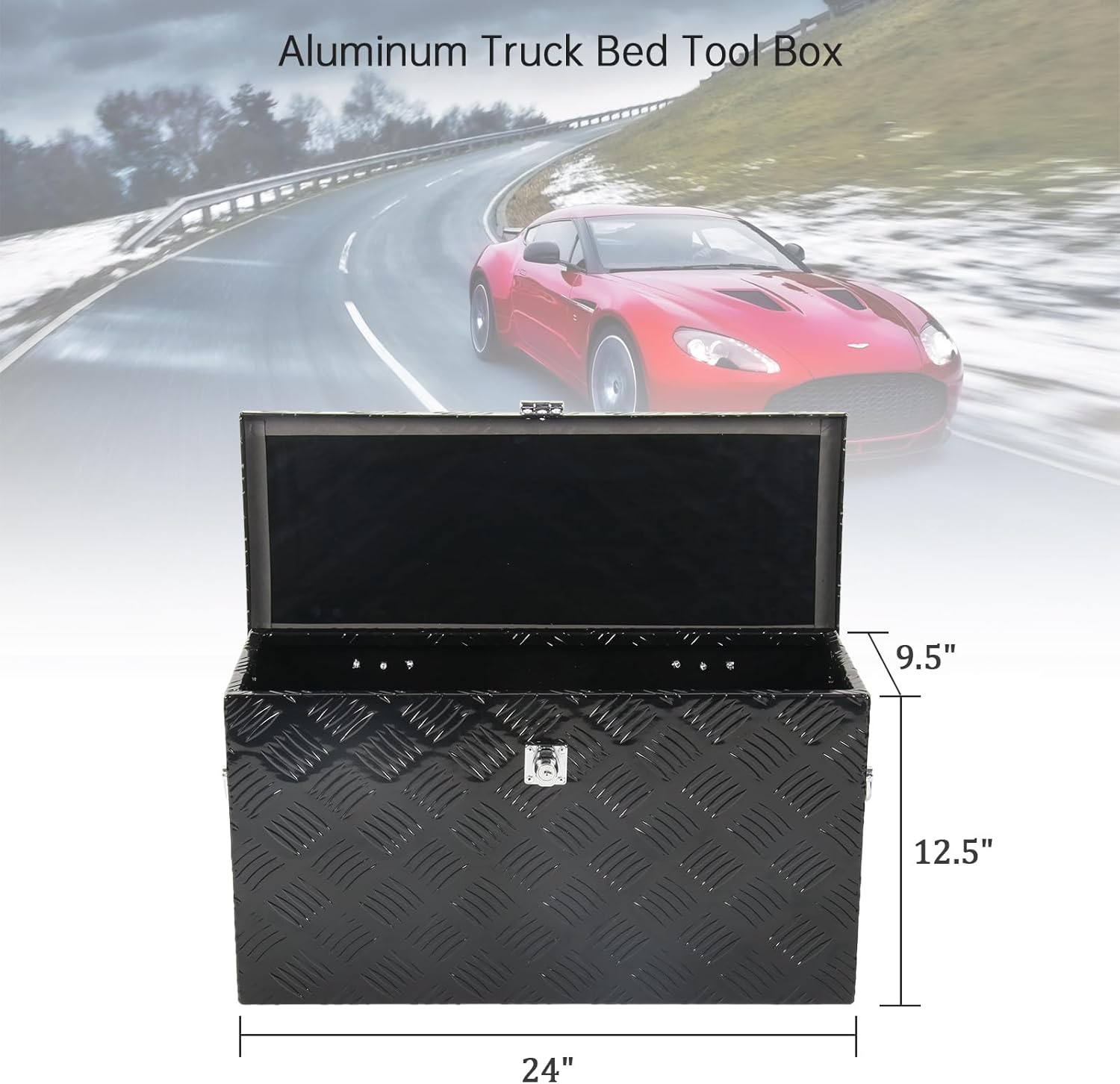 24'' Inch Stripes Plated ATV UTV Aluminum Tool Box Truck Bed Toolbox Waterproof Square Storage Organizer with Lock and Keys Black(‎24 L x 9.5 W x 12.5 H)