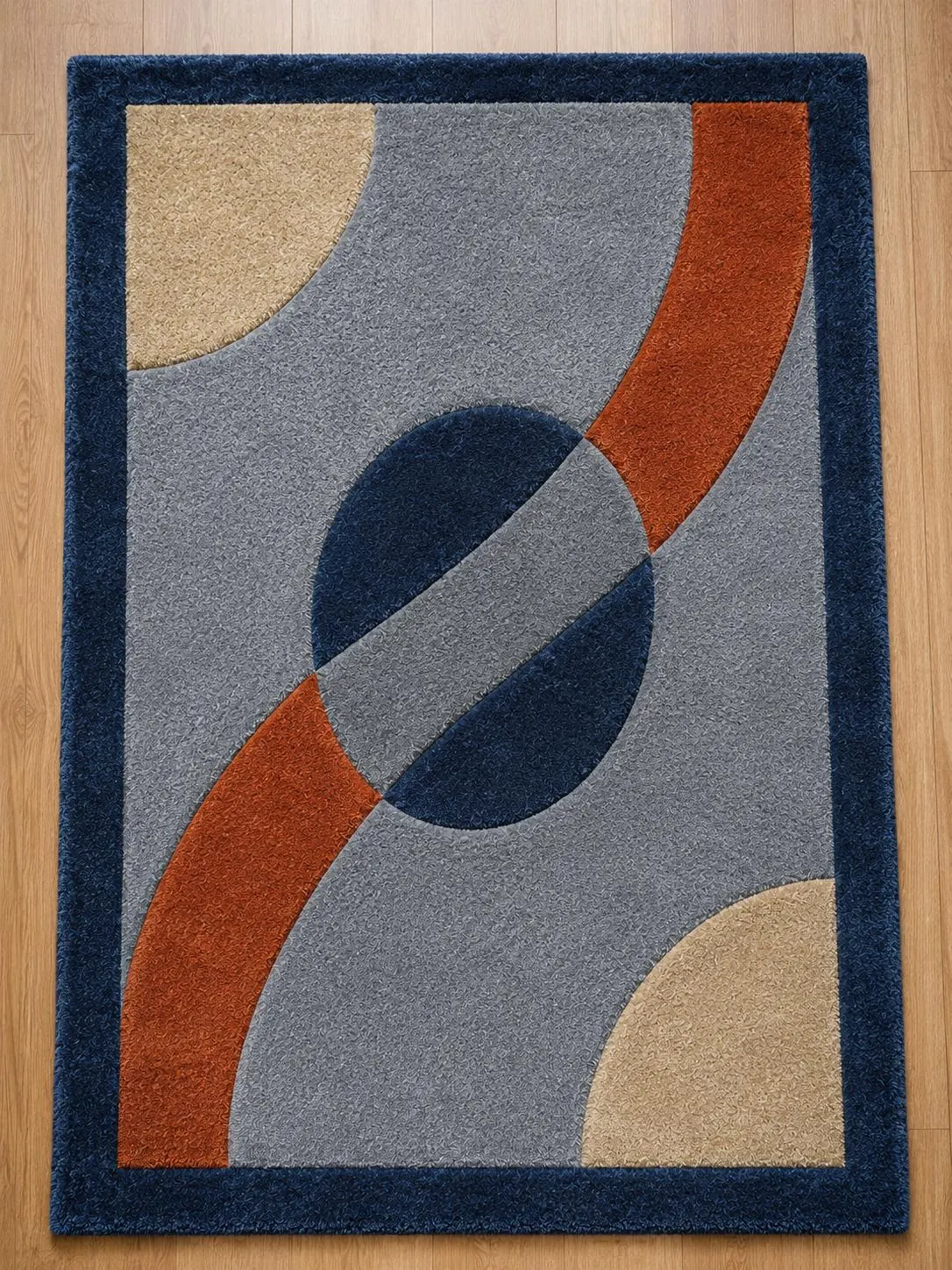 Handmade Fine Wool Geometric Rug, Modern Abstract Design, Navy Blue Rust Orange Beige (India)