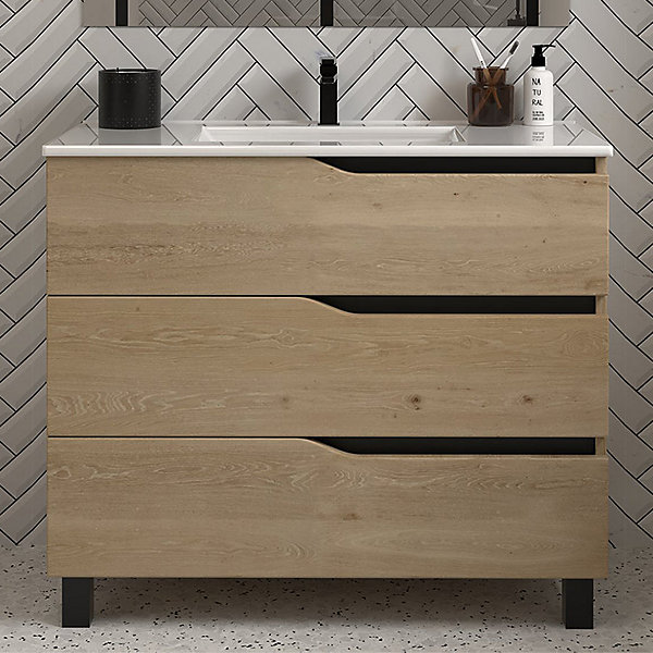 Meuble sous vasque seul, 3 tiroirs, 80cm, simple vasque - madera miel (chêne clair) - MATA