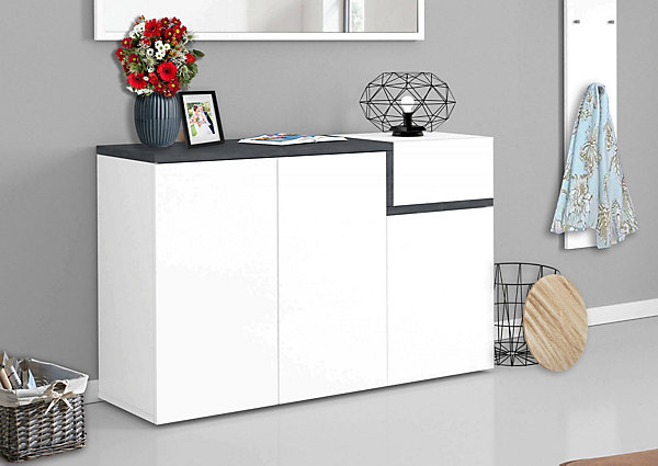 Etagere à chaussures Steve, Meuble polyvalent avec 3 portes et 1 porte abattante, 120x40h80 cm, Blanc brillant et ardoise