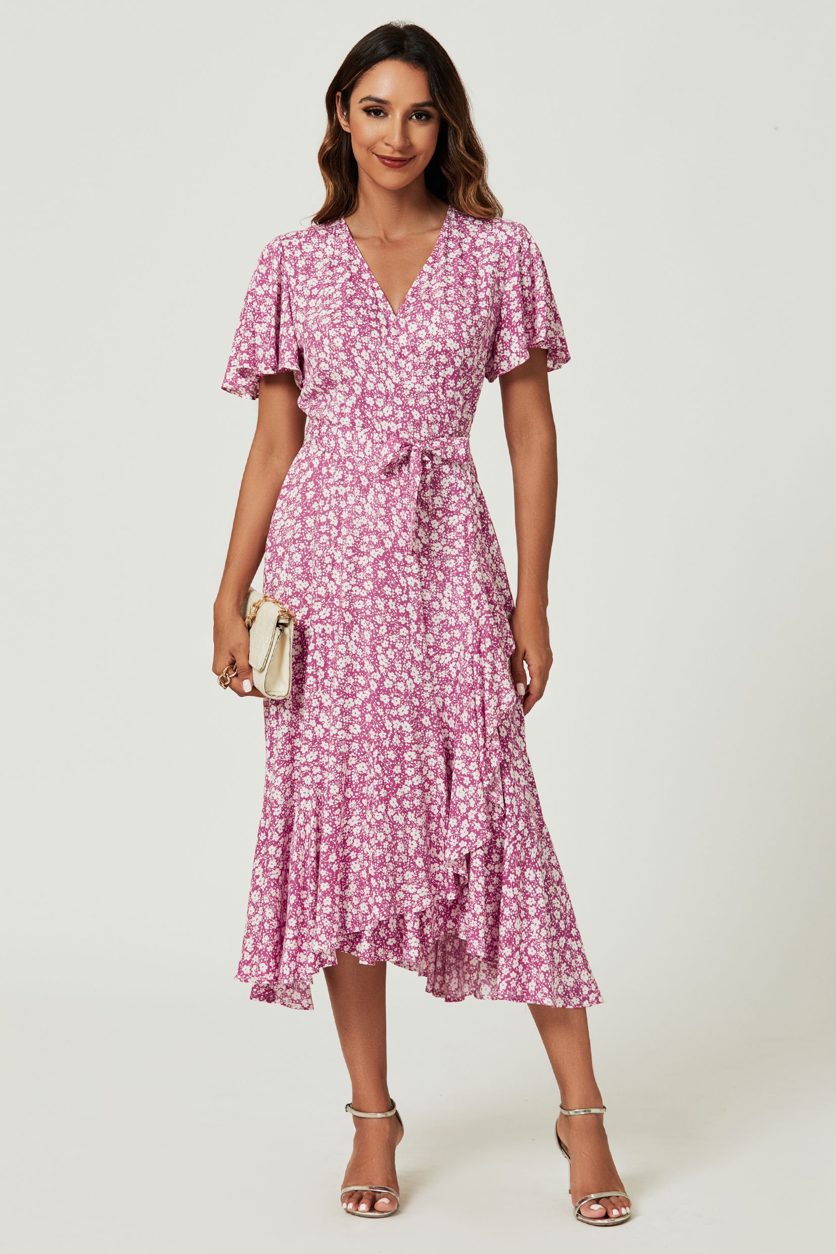 FS Collection Floral Print Midi Wrap Dress In Pink