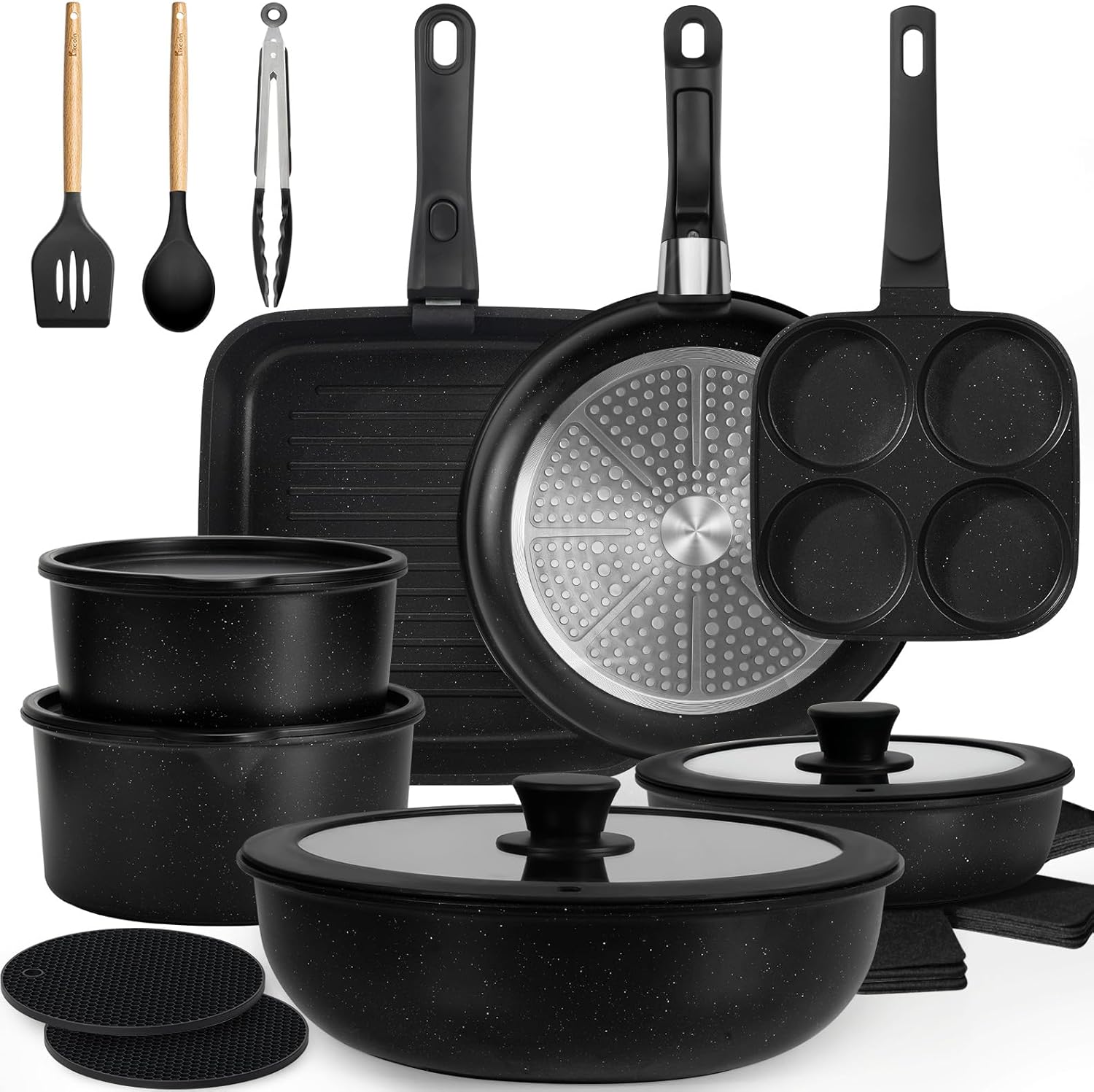 KIKCOIN Nonstick Pots and Pans Set 24 Pack - Kitchen Cookware Set with Detachable/Removable Handle - Cooking Pans Set with Frying Pans, Egg Pan - Stackable, Oven Safe, Induction Ready