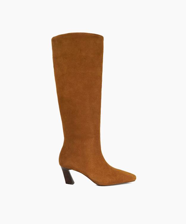 Selinni Dark Tan - Suede Flared Heel Knee High Boots