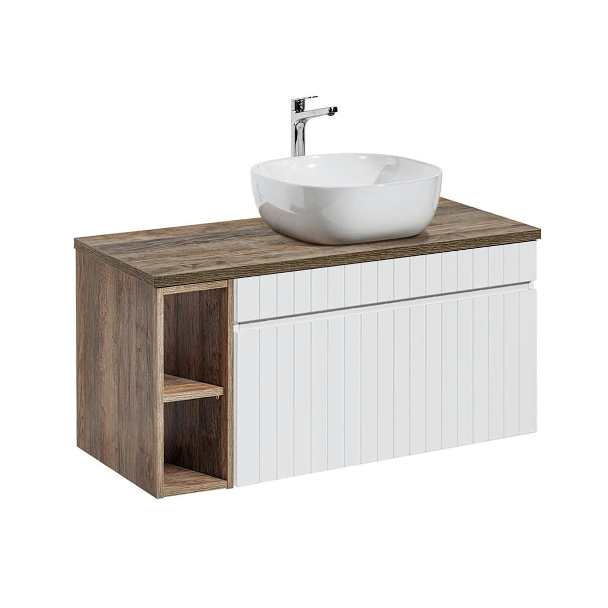 - Meuble simple vasque 100cm 2 niches blanc et naturel