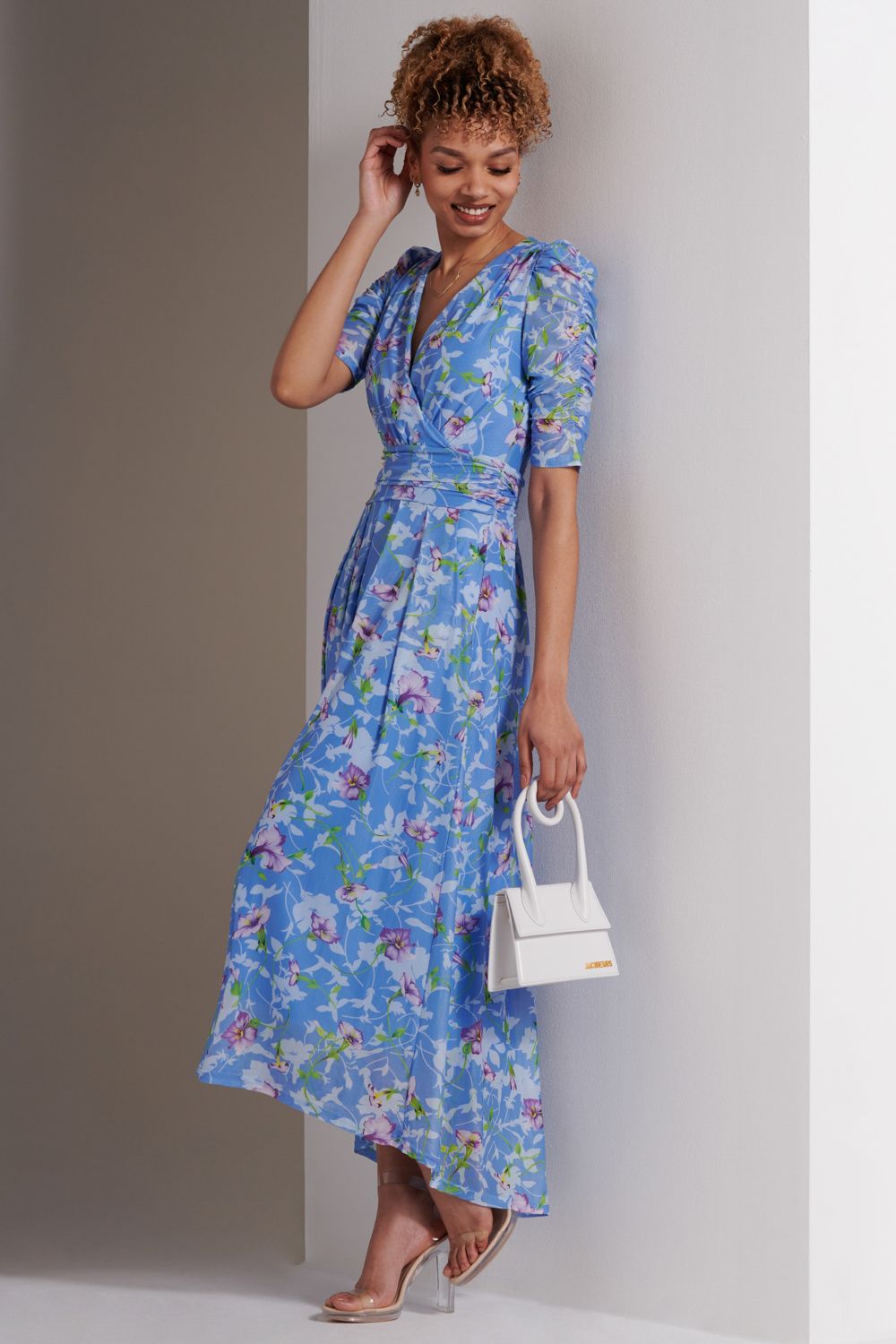 Jolie Moi Print Dip Hem Mesh Maxi Dress