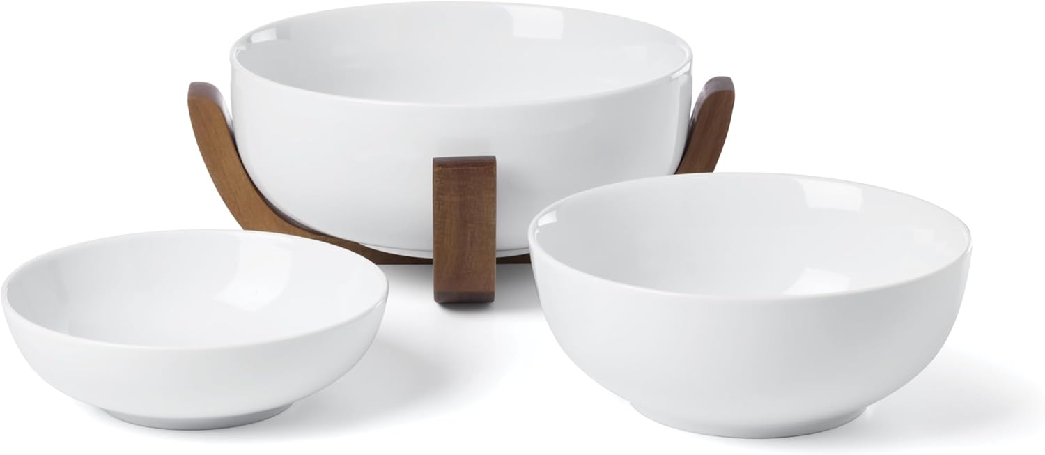 Oneida Serveware, 24 Seven 3-Piece Nesting Bowl Set With Wood Stand, Porcelain Material Wooden Stand, Home And Kitchen, Dishwasher And Microwave Safe, Serving Bowls, Salad Bowl (White, 4 Pieces)