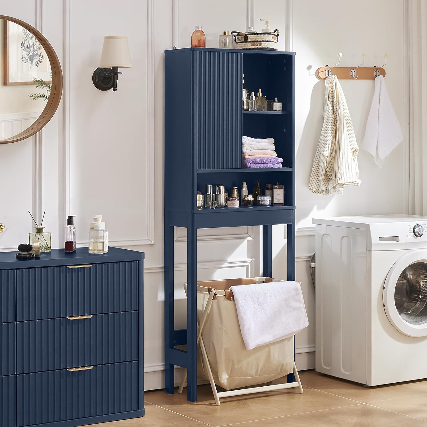 LEYAOYAO Fluted Over The Toilet Storage Cabinet & Bathroom Wall Cabinet Set of 2, Farmhouse Above Toilet Organizer, Medicine Cabinet w/Adjustable Shelf & Doors for Laundry Living Room Kitchen(Blue)