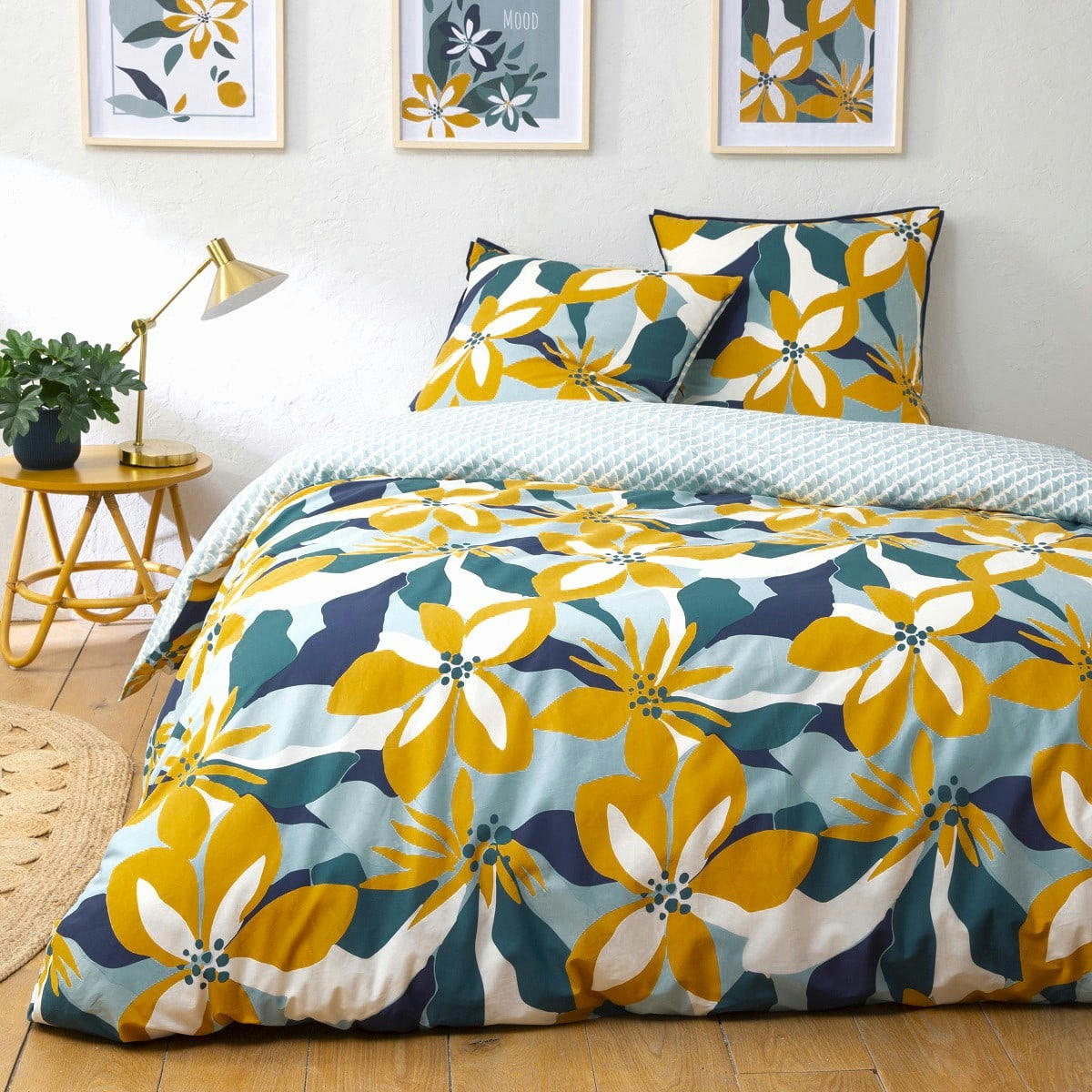 FLORE - Parure de lit 2 personnes en percale 70 fils imprimé bleu 260x240cm