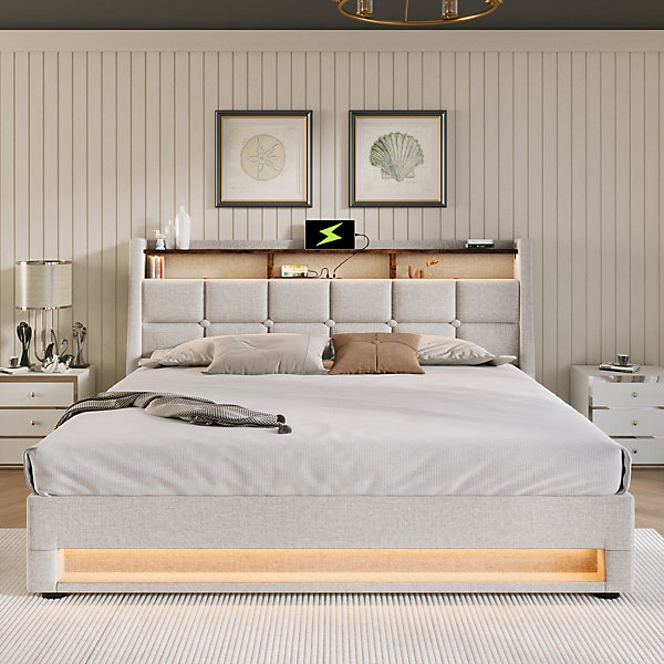 Lit coffre 180x200 cm - Lit ados avec USB et LED - Lin - Sans Matelas - Beige