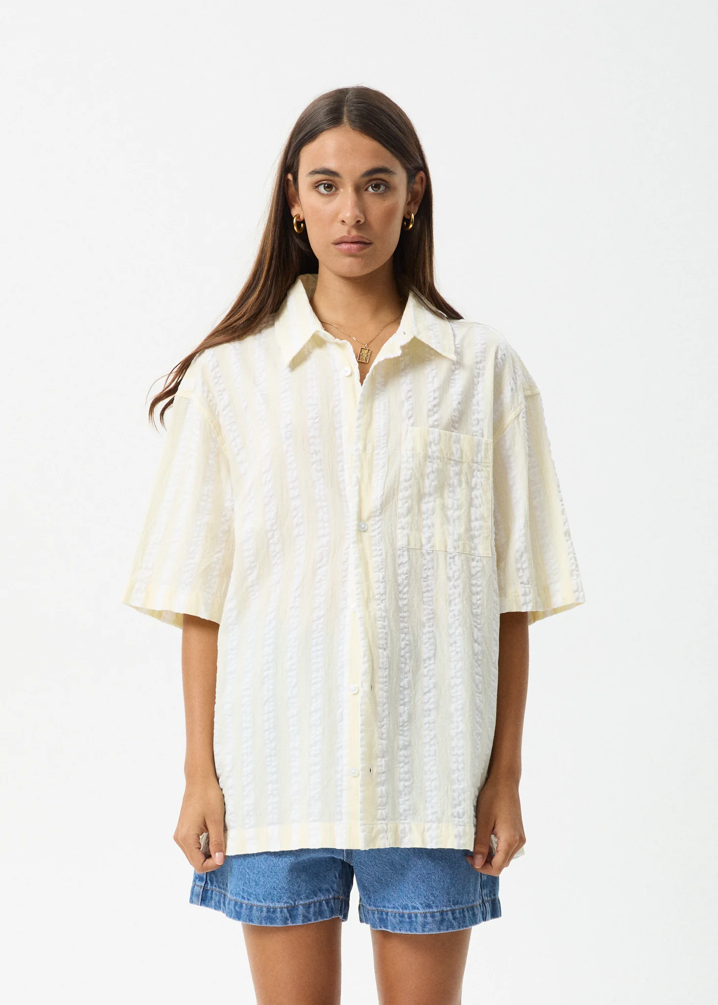 AFENDS Womens Splice - Seersucker Short Sleeve Shirt - White / Lemongrass