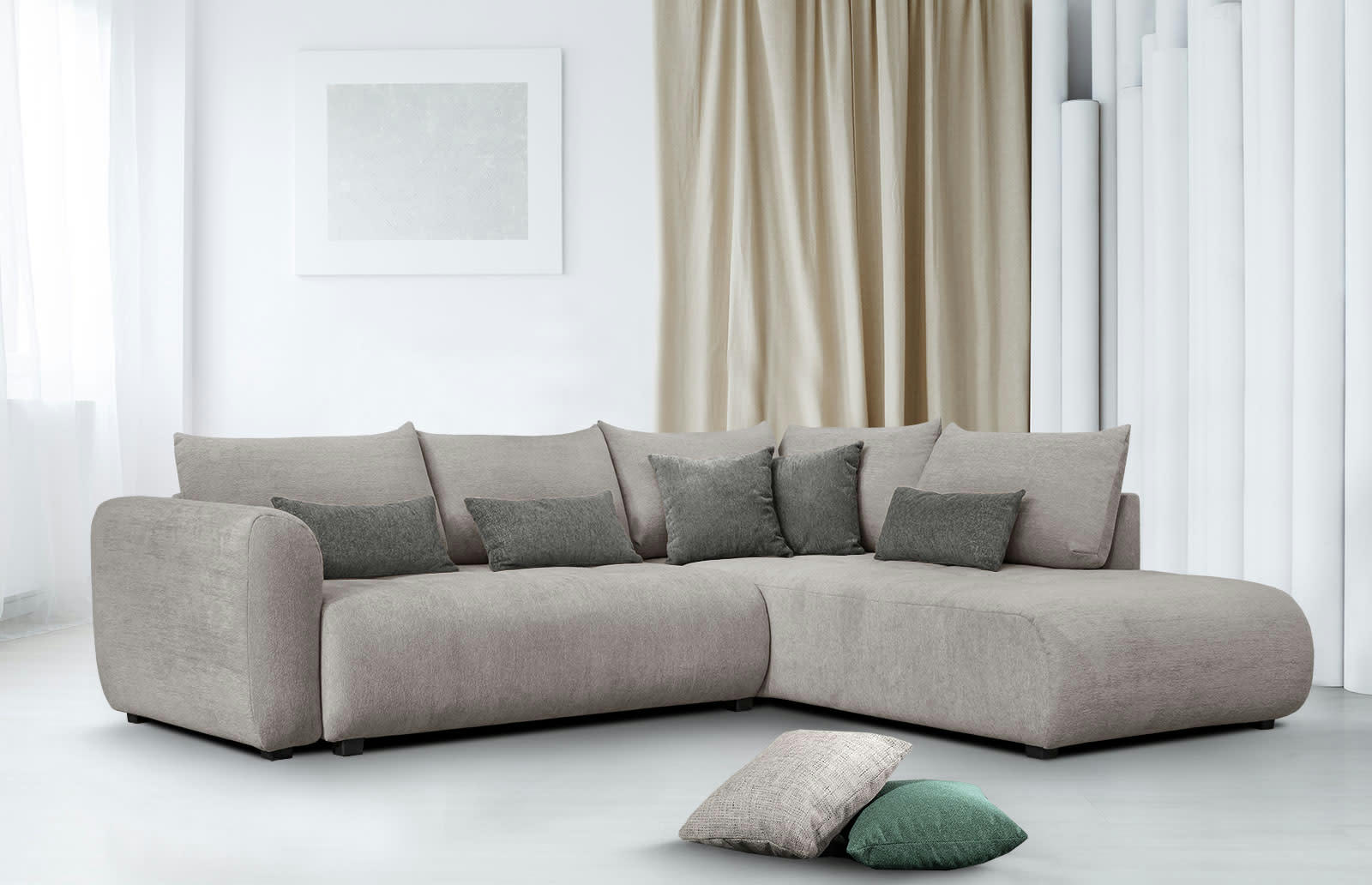 SORENO - Canapé d'angle droit 5 places gris moyen avec le couchage