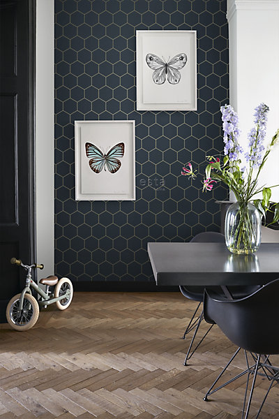 ESTAhome papier peint hexagone bleu foncé et or 53 cm x 10.05 m