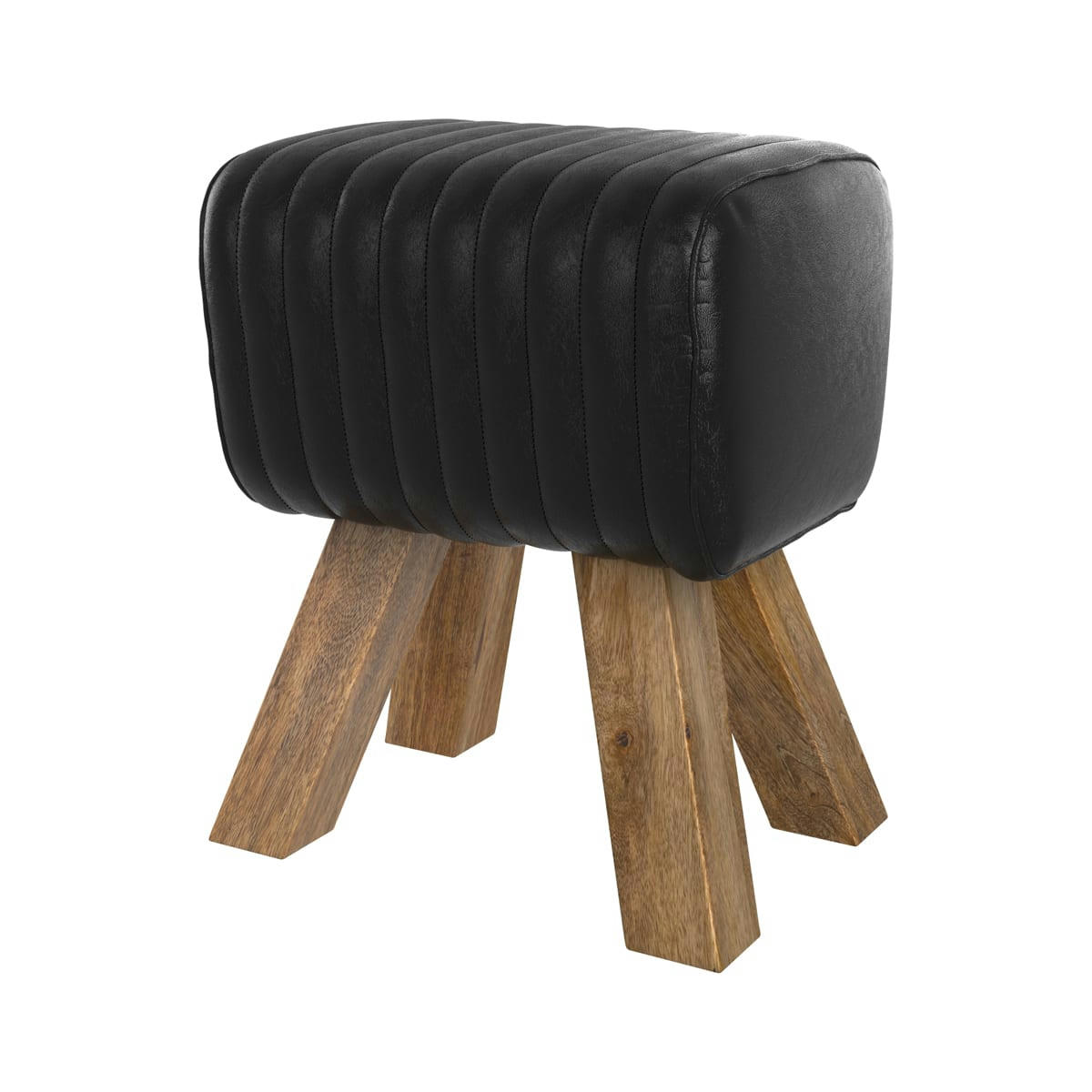 MORENA - Tabouret en cuir noir et bois de manguier